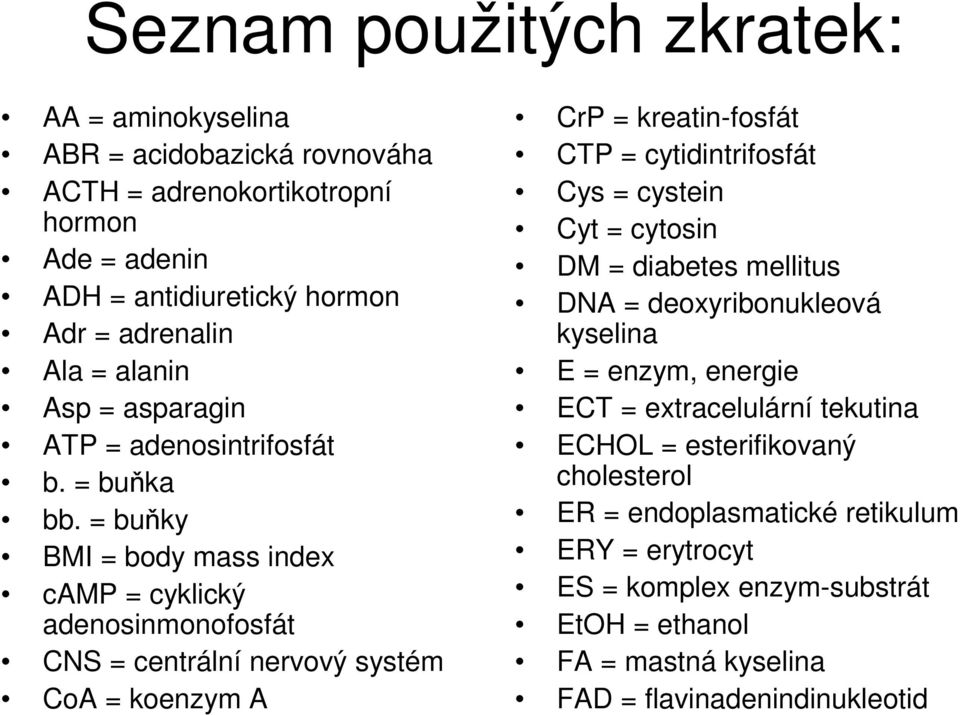 = buňky BMI = body mass index camp = cyklický adenosinmonofosfát CNS = centrální nervový systém CoA = koenzym A CrP = kreatin-fosfát CTP = cytidintrifosfát Cys = cystein Cyt