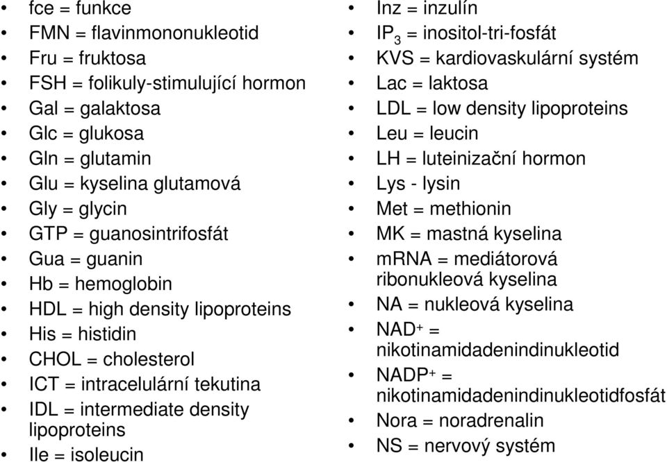 isoleucin Inz = inzulín IP 3 = inositol-tri-fosfát KVS = kardiovaskulární systém Lac = laktosa LDL = low density lipoproteins Leu = leucin LH = luteinizační hormon Lys - lysin Met =