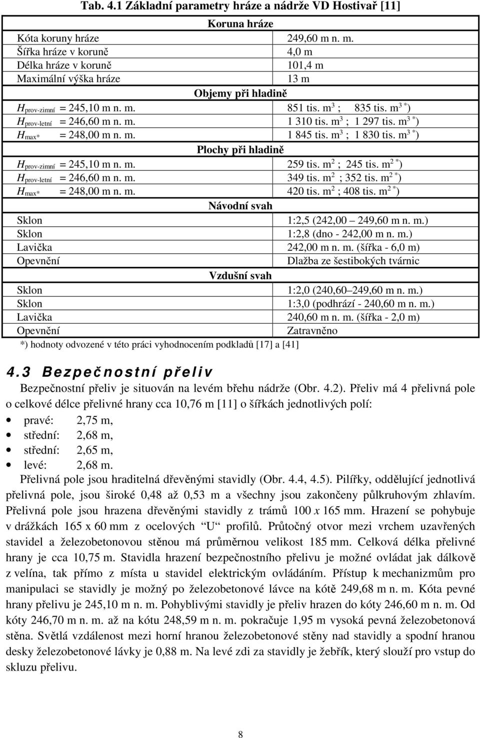 m 3 ; 1 297 tis. m 3 * ) H max* = 248,00 m n. m. 1 845 tis. m 3 ; 1 830 tis. m 3 * ) Plochy při hladině H prov-zimní = 245,10 m n. m. 259 tis. m 2 ; 245 tis. m 2 * ) H prov-letní = 246,60 m n. m. 349 tis.