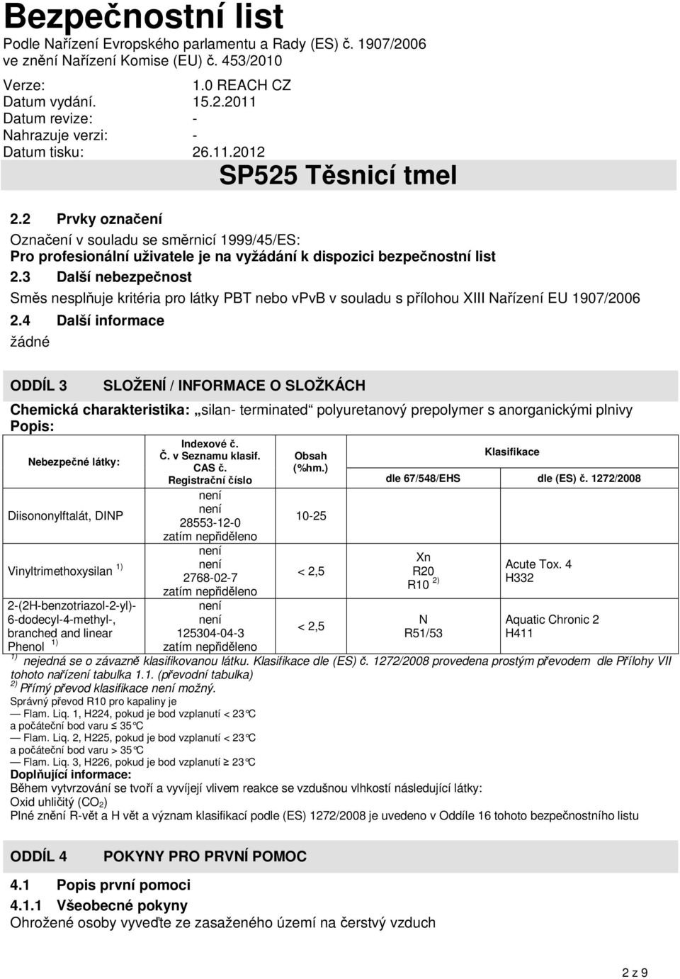 4 Další informace žádné ODDÍL 3 SLOŽENÍ / INFORMACE O SLOŽKÁCH Chemická charakteristika: silan- terminated polyuretanový prepolymer s anorganickými plnivy Popis: Nebezpečné látky: Diisononylftalát,