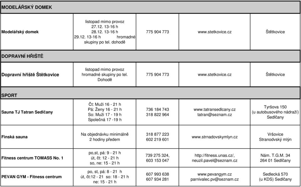 cz Štětkovice SPORT Sauna TJ Tatran Čt: Muži 16-21 h Pá: Ženy 16-21 h So: Muži 17-19 h Společná 17-19 h 736 184 743 318 822 964 www.tatransedlcany.cz tatran@seznam.