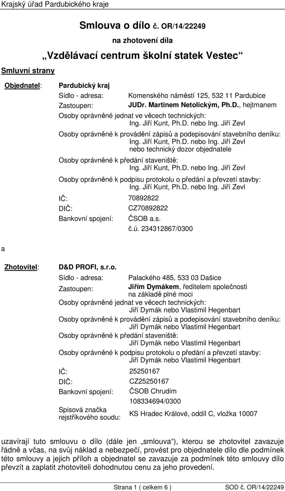 . Martinem Netolickým, Ph.D., hejtmanem Osoby oprávněné jednat ve věcech technických: Ing. Jiří Kunt, Ph.D. nebo Ing.