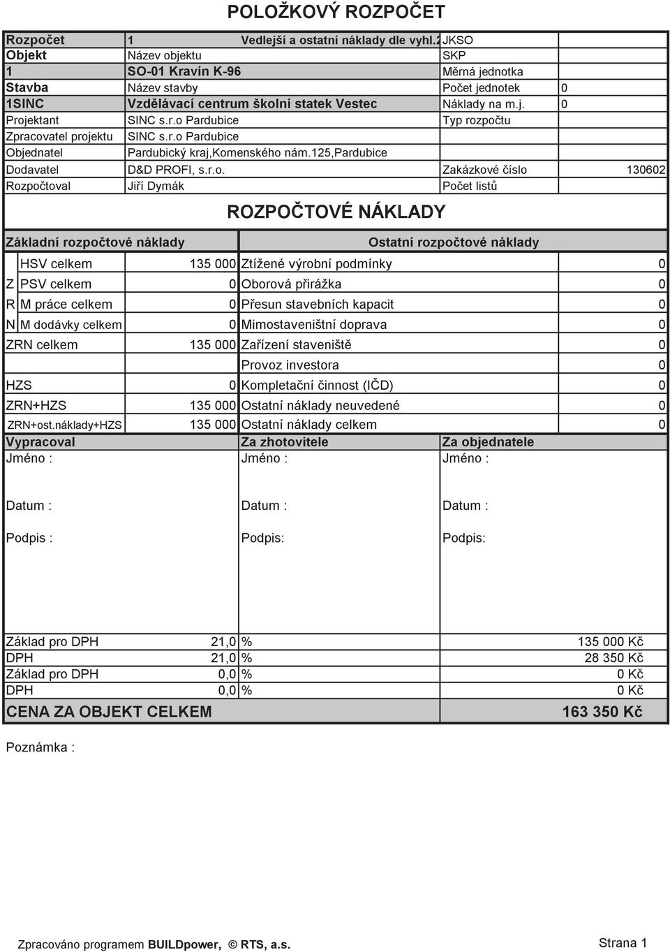 r.o Pardubice Pardubický kraj,komenského nám.125,pardubice Dodavatel D&D PROFI, s.r.o. Zakázkové íslo 130602 Rozpotoval Jií Dymák Poet list Základní rozpotové náklady ROZPOTOVÉ NÁKLADY Ostatní