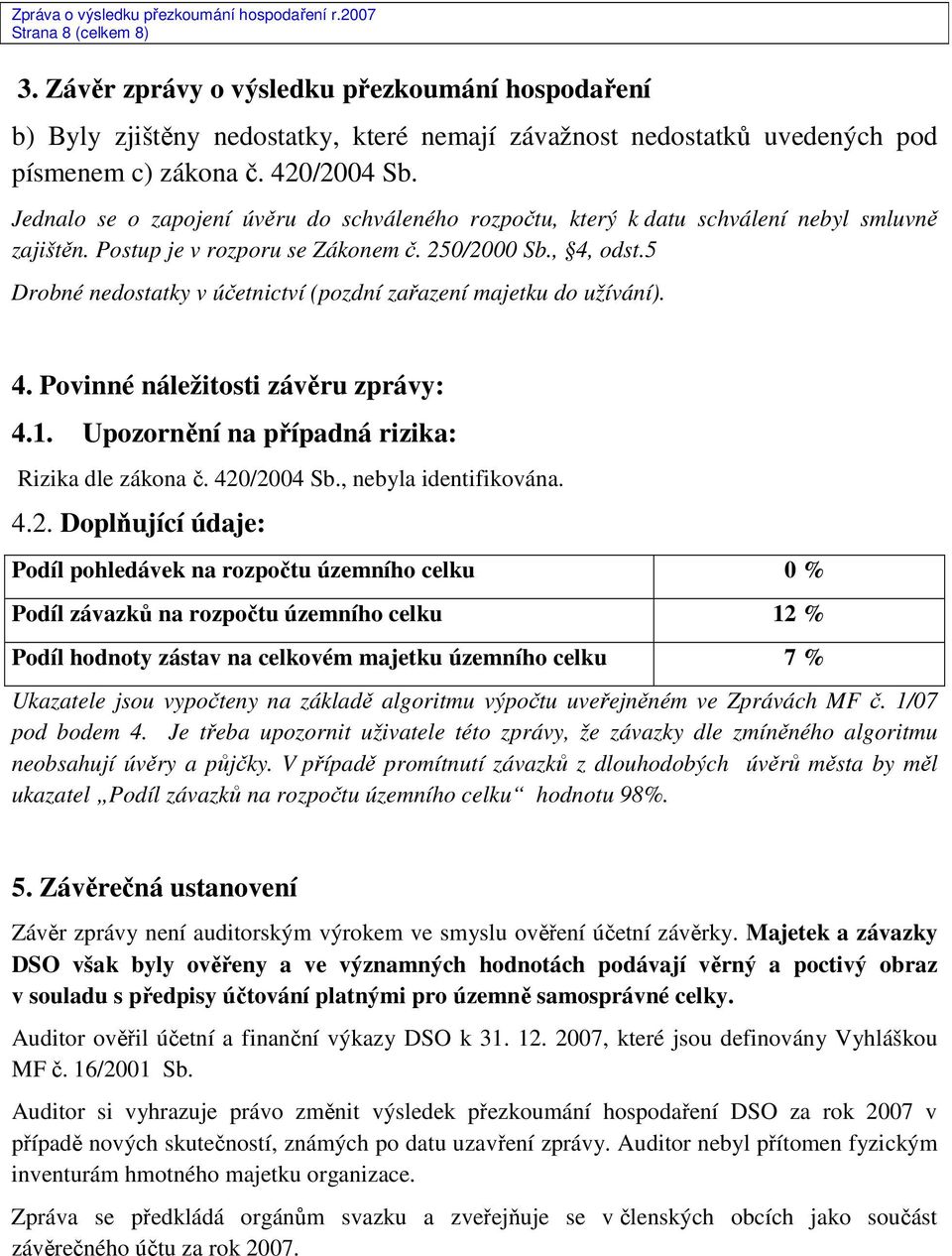 5 Drobné nedostatky v účetnictví (pozdní zařazení majetku do užívání). 4. Povinné náležitosti závěru zprávy: 4.1. Upozornění na případná rizika: Rizika dle zákona č. 420/2004 Sb.