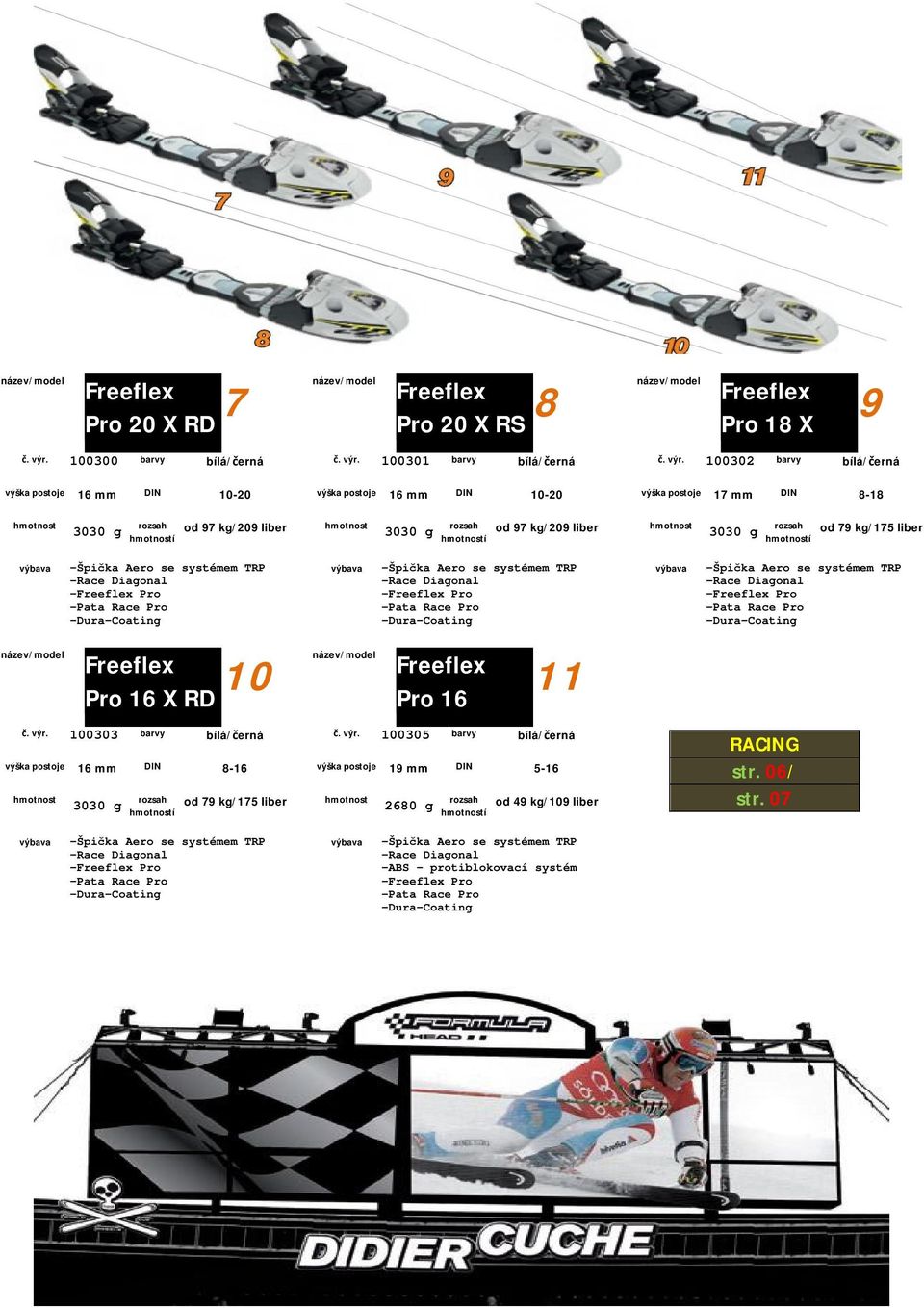 Pro - Pro - Pro Pro 16 X RD 10 Pro 16 11. výr. 100303 barvy bílá/ erná výška postoje 16 mm DIN 8-16 3030 g í od 79 kg/175 liber. výr. 100305 barvy bílá/ erná výška postoje 19 mm DIN 5-16 2680 g í od 49 kg/109 liber RACING str.