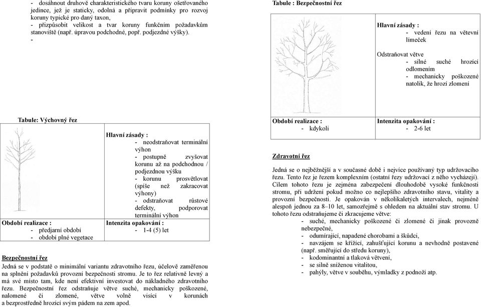 - Tabule : Bezpečnostní řez Hlavní zásady : - vedení řezu na větevní límeček Odstraňovat větve - silné suché hrozící odlomením - mechanicky poškozené natolik, že hrozí zlomení Tabule: Výchovný řez