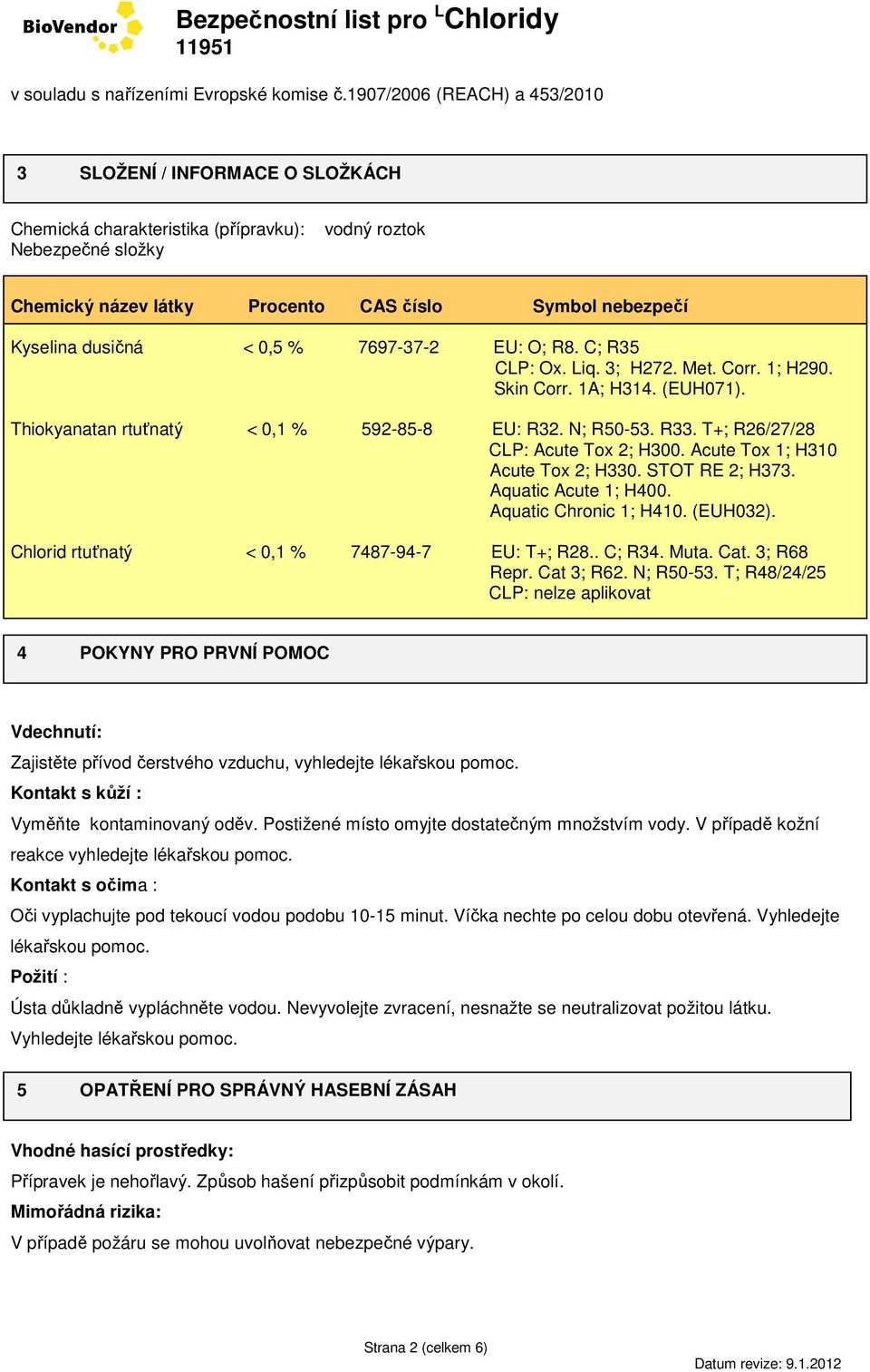 Acute Tox 1; H310 Acute Tox 2; H330. STOT RE 2; H373. Aquatic Acute 1; H400. Aquatic Chronic 1; H410. (EUH032). Chlorid rtuťnatý < 0,1 % 7487-94-7 EU: T+; R28.. C; R34. Muta. Cat. 3; R68 Repr.