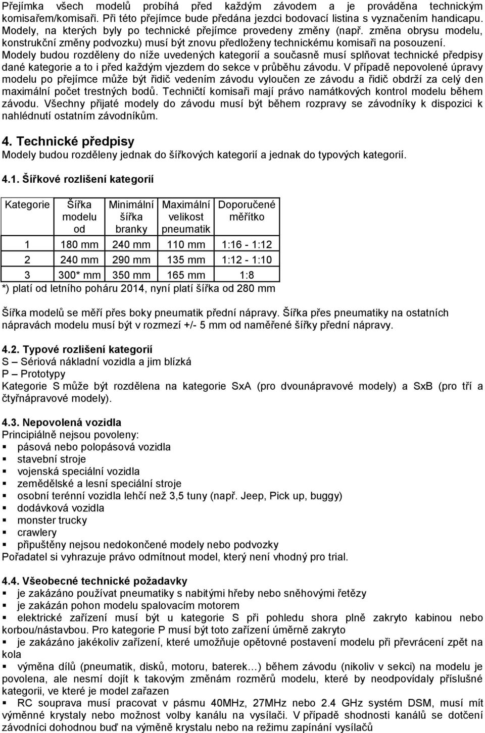 Modely budou rozděleny do níže uvedených kategorií a současně musí splňovat technické předpisy dané kategorie a to i před každým vjezdem do sekce v průběhu závodu.