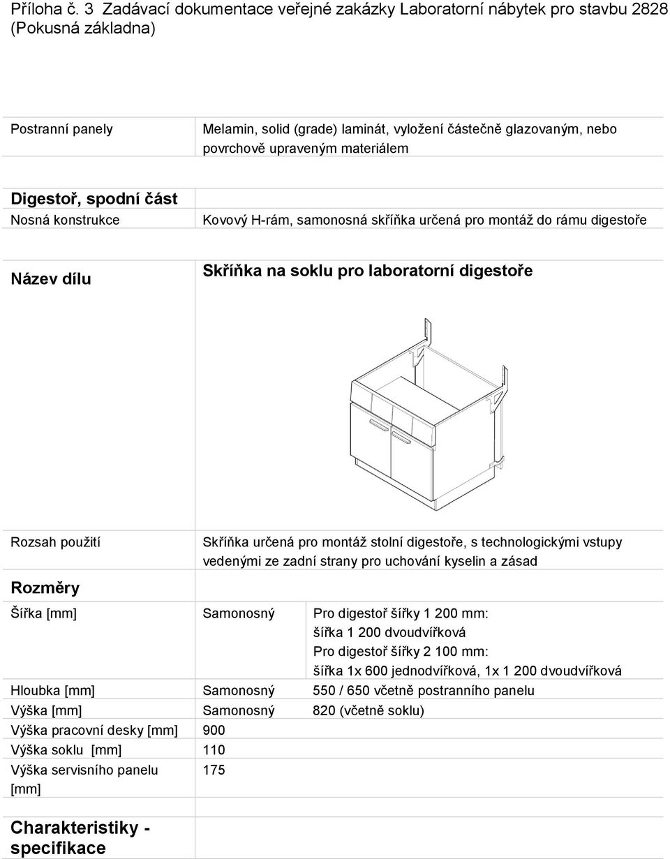 zadní strany pro uchování kyselin a zásad Rozměry Šířka [mm] Samonosný Pro digestoř šířky 1 200 mm: šířka 1 200 dvoudvířková šířka 1x 600 jednodvířková, 1x 1 200 dvoudvířková Hloubka [mm]