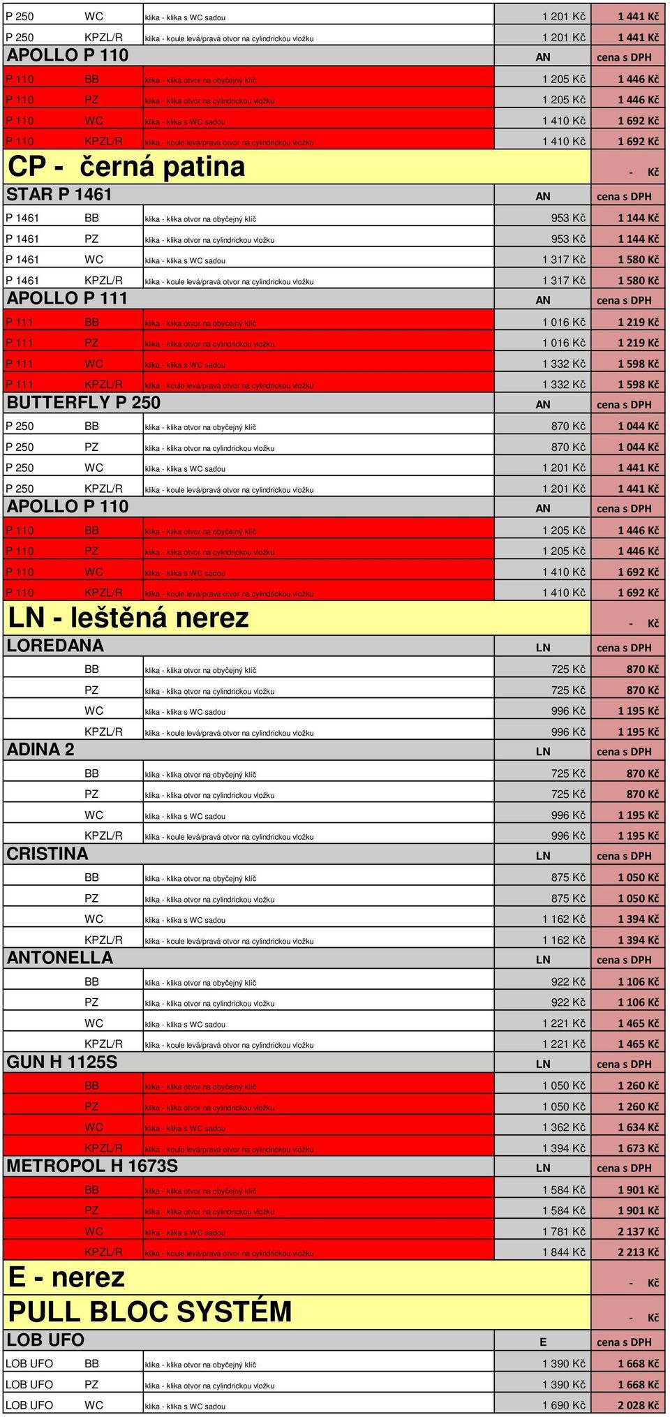 na cylindrickou vložku 1 410 Kč 1 692 Kč CP - černá patina STAR P 1461 AN cena s DPH P 1461 BB klika - klika otvor na obyčejný klíč 953 Kč 1 144 Kč P 1461 PZ klika - klika otvor na cylindrickou