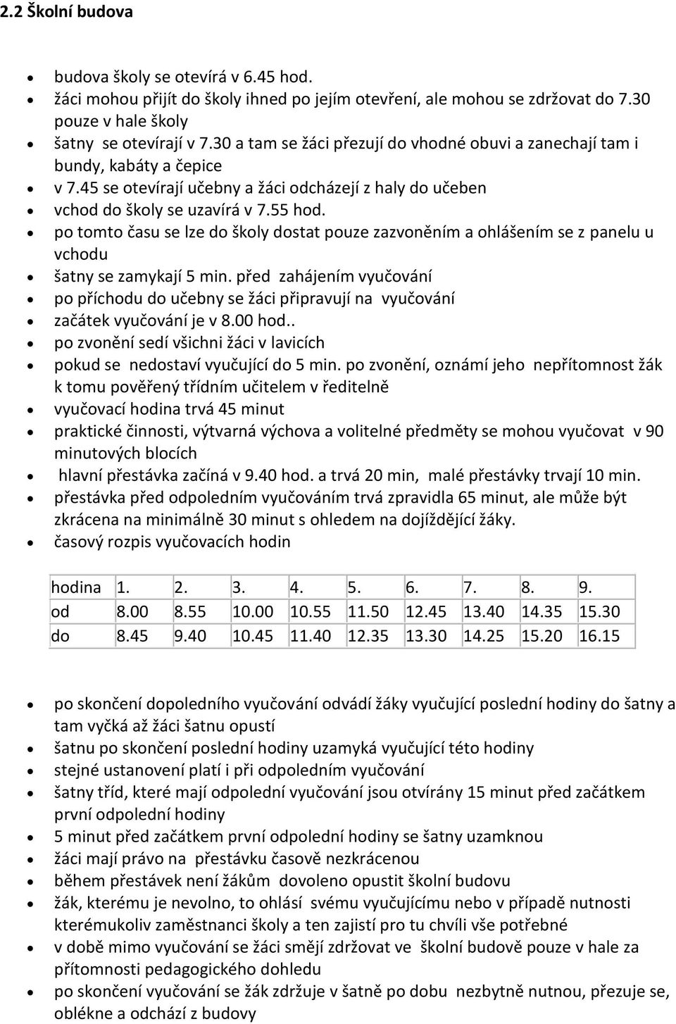 po tomto času se lze do školy dostat pouze zazvoněním a ohlášením se z panelu u vchodu šatny se zamykají 5 min.