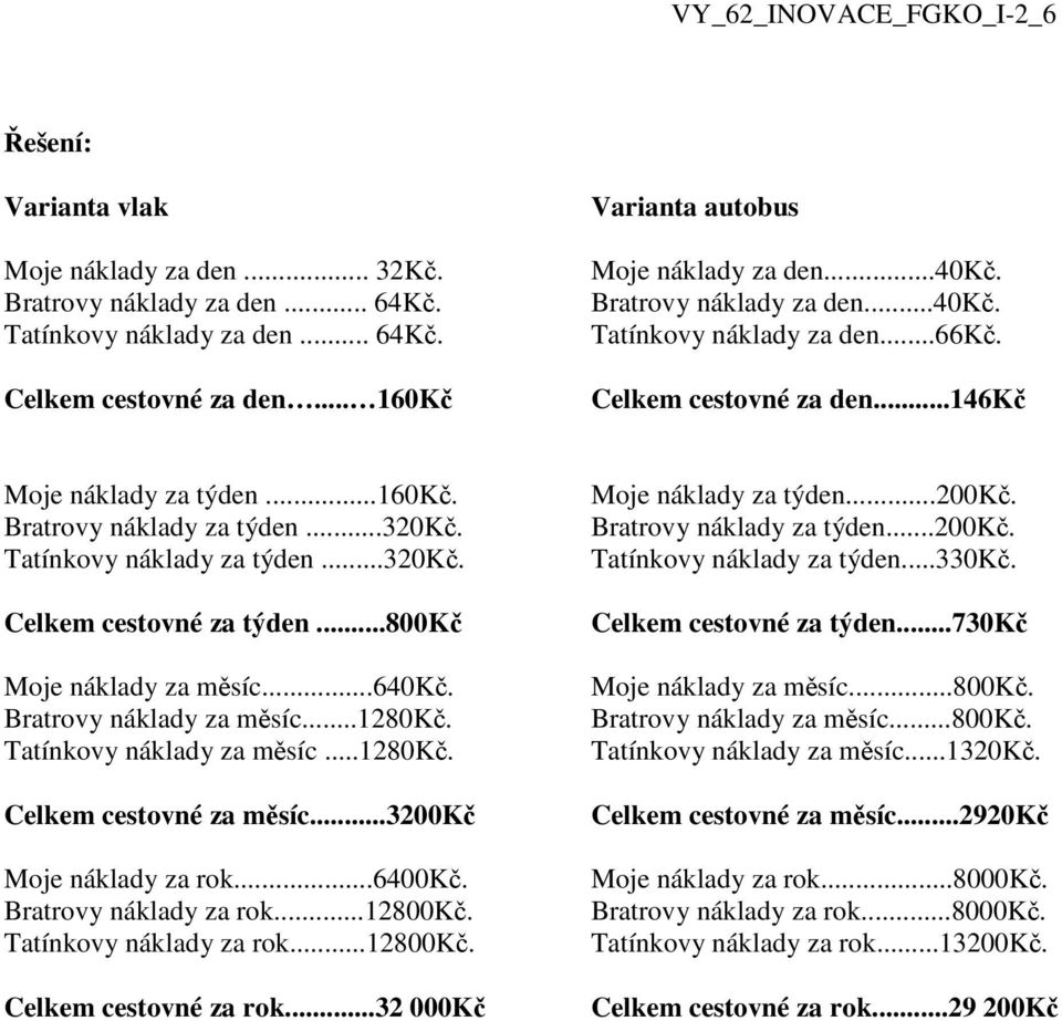 ..800kč Moje náklady za měsíc...640kč. Bratrovy náklady za měsíc...1280kč. Tatínkovy náklady za měsíc...1280kč. Celkem cestovné za měsíc...3200kč Moje náklady za rok...6400kč. Bratrovy náklady za rok.