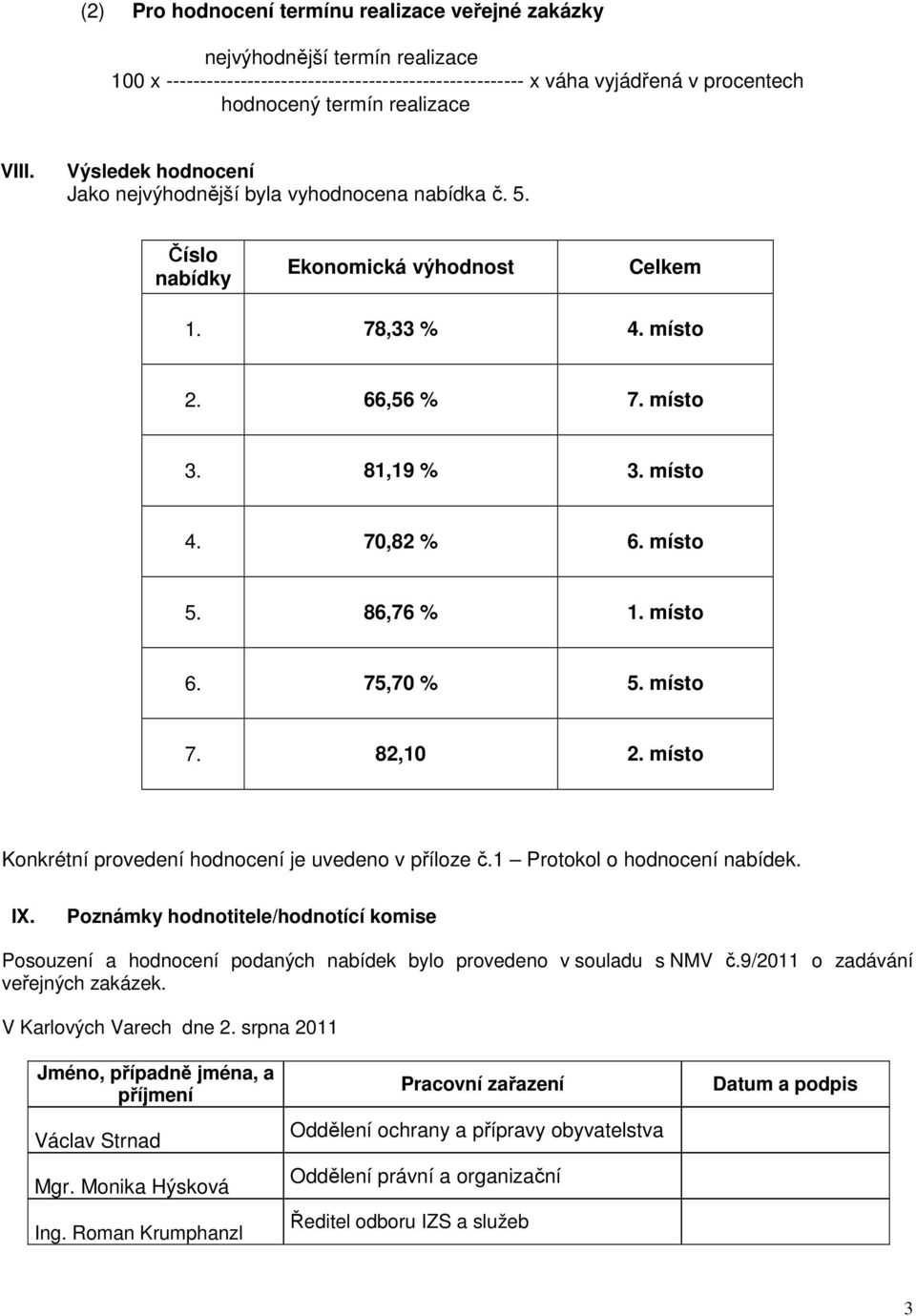 86,76 % 1. místo 6. 75,70 % 5. místo 7. 82,10 2. místo Konkrétní provedení hodnocení je uvedeno v příloze č.1 Protokol o hodnocení nabídek. IX.