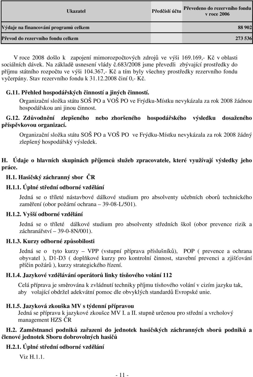 367,- Kč a tím byly všechny prostředky rezervního fondu vyčerpány. Stav rezervního fondu k 31.12.2008 činí 0,- Kč. G.11. Přehled hospodářských činností a jiných činností.