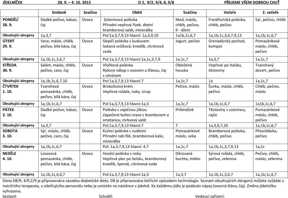 Pol:1a,3,7,9,13 hlavní: 1a,3,9,10 1a1b,1c,6,7 1a,1b,1c,3,6,7,9,13 1a,1b,1c,6,7 Vece,, bílá káva, Jogurt, Grenadýrský pochod, kompot Slepičí polévka s kuskusem Sekaná svíčková, knedlík, citrónová voda