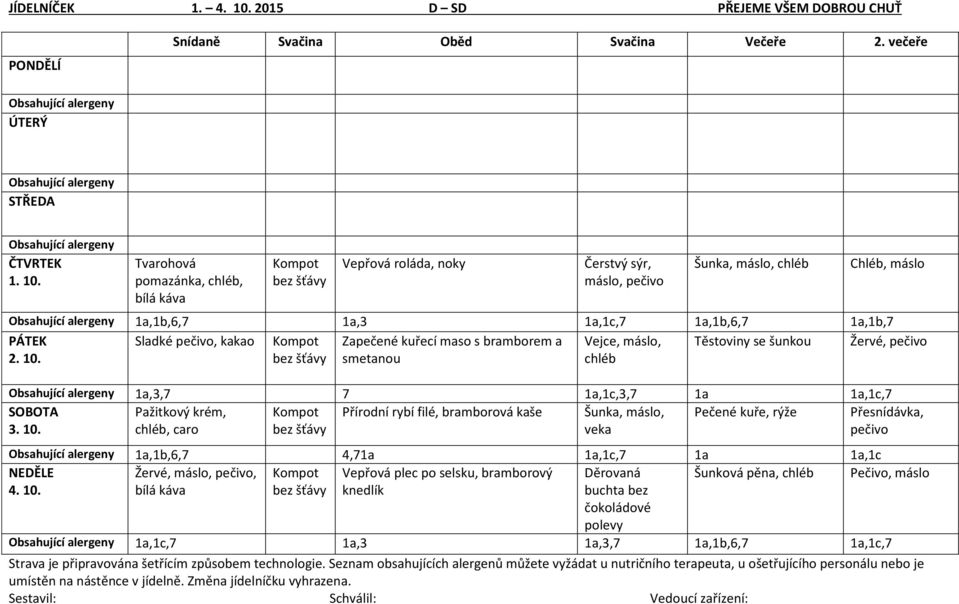 1a,3 1a,1c,7 1a,1b,6,7 1a,1b,7 Sladké, kakao Kompot Zapečené kuřecí maso s bramborem a Vejce, máslo, Těstoviny se šunkou Žervé, bez šťávy smetanou chléb Obsahující alergeny 1a,3,7 7 1a,1c,3,7 1a