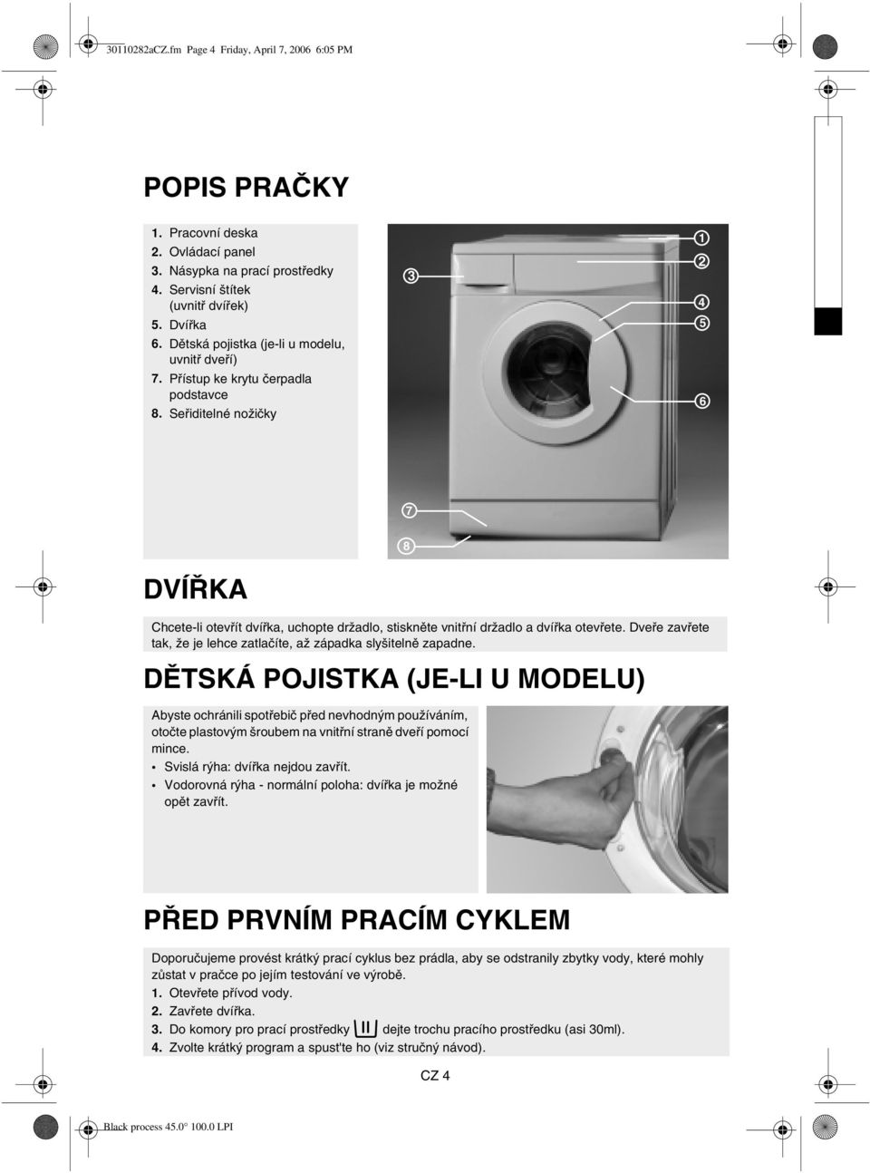 Seřiditelné nožičky 3 1 2 4 5 6 7 8 DVÍŘKA Chcete-li otevřít dvířka, uchopte držadlo, stiskněte vnitřní držadlo a dvířka otevřete.