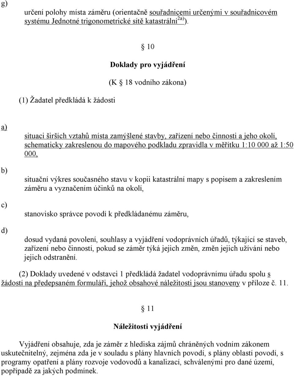 podkladu zpravidla v měřítku 1:10 000 až 1:50 000, situační výkres současného stavu v kopii katastrální mapy s popisem a zakreslením záměru a vyznačením účinků na okolí, stanovisko správce povodí k