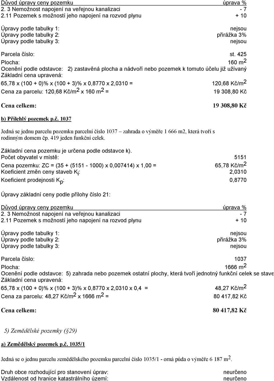 425 Plocha: 160 m 2 Ocenění podle odstavce: 2) zastavěná plocha a nádvoří nebo pozemek k tomuto účelu již užívaný Základní cena upravená: 65,78 x (100 + 0)% x (100 + 3)% x 0,8770 x 2,0310 = 120,68