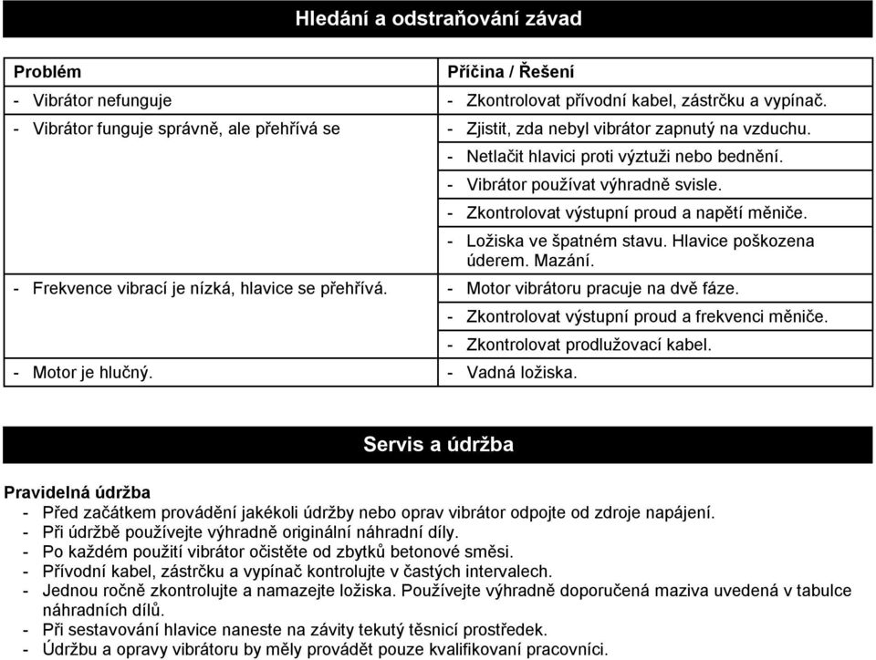 - Netlačit hlavici proti výztuži nebo bednění. - Vibrátor používat výhradně svisle. - Zkontrolovat výstupní proud a napětí měniče. - Ložiska ve špatném stavu. Hlavice poškozena úderem. Mazání.