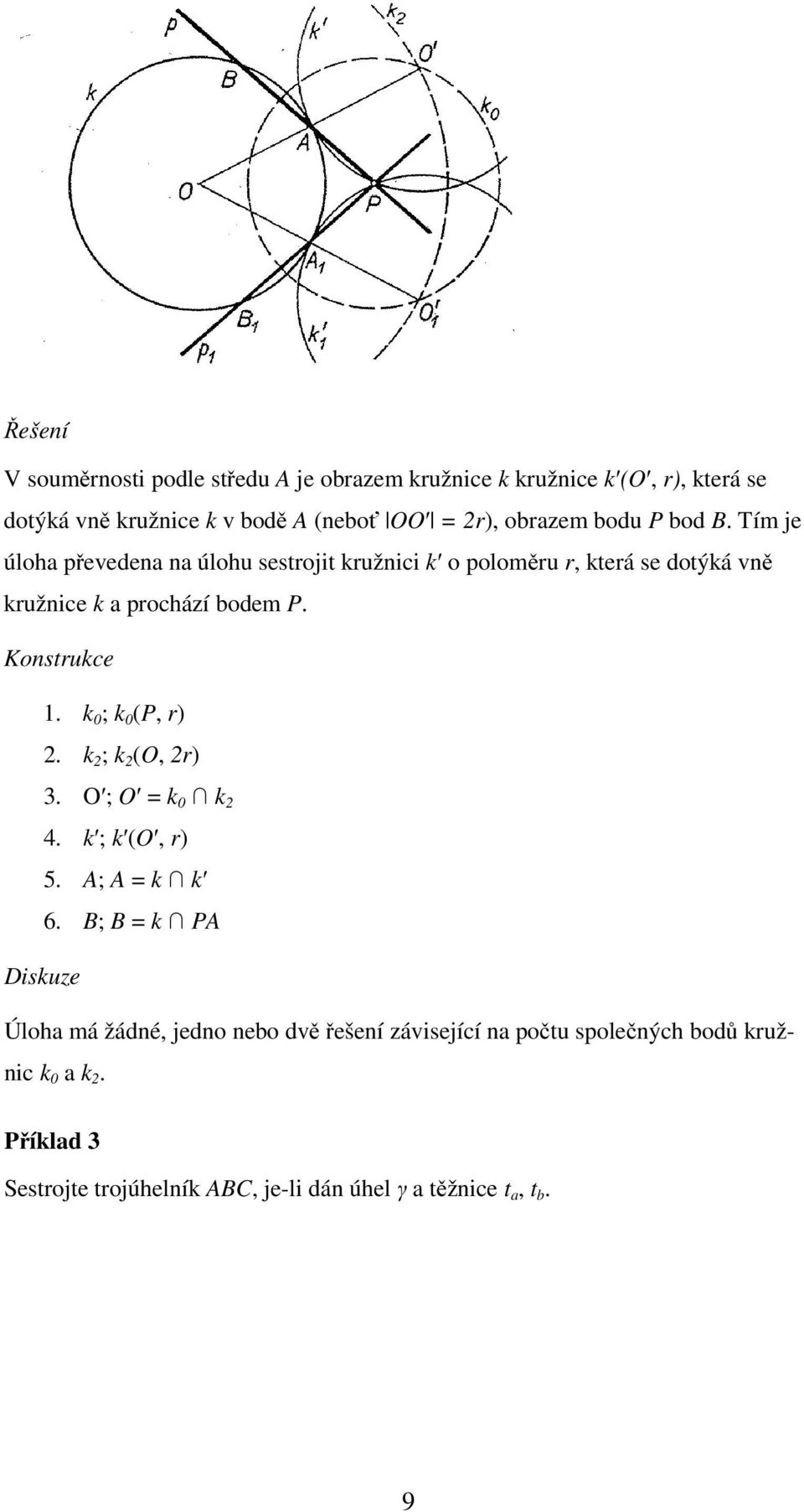 Konstrukce 1. k 0 ; k 0 (P, r) 2. k 2 ; k 2 (O, 2r) 3. O ; O = k 0 k 2 4. k ; k (O, r) 5. A; A = k k 6.