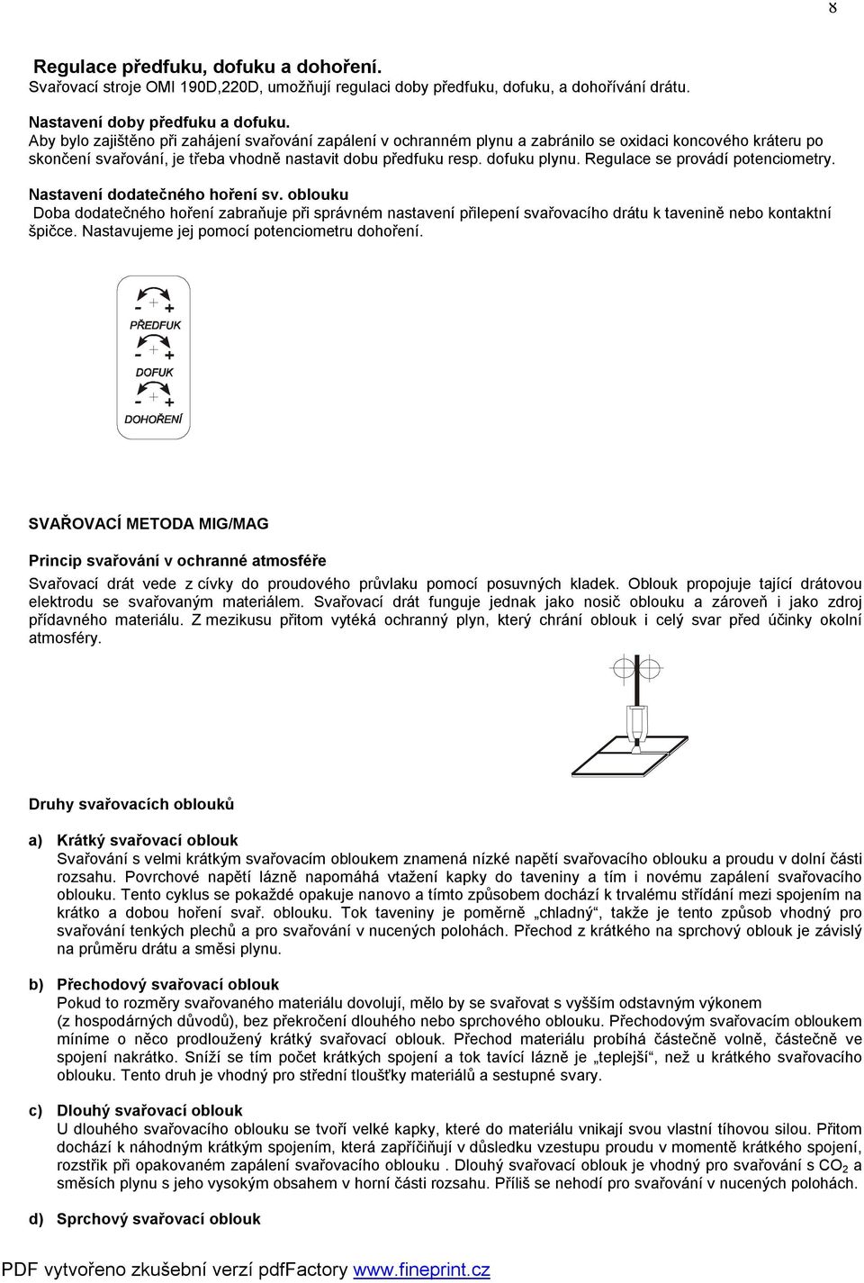 Regulace se provádí potenciometry. Nastavení dodatečného hoření sv. oblouku Doba dodatečného hoření zabraňuje při správném nastavení přilepení svařovacího drátu k tavenině nebo kontaktní špičce.