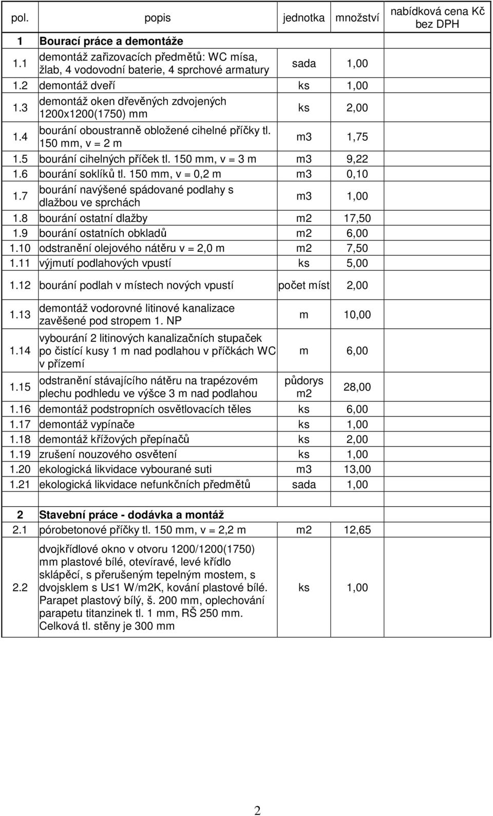 6 bourání soklíků tl. 150 mm, v = 0,2 m m3 0,10 1.7 bourání navýšené spádované podlahy s dlažbou ve sprchách m3 1,00 1.8 bourání ostatní dlažby m2 17,50 1.9 bourání ostatních obkladů m2 6,00 1.