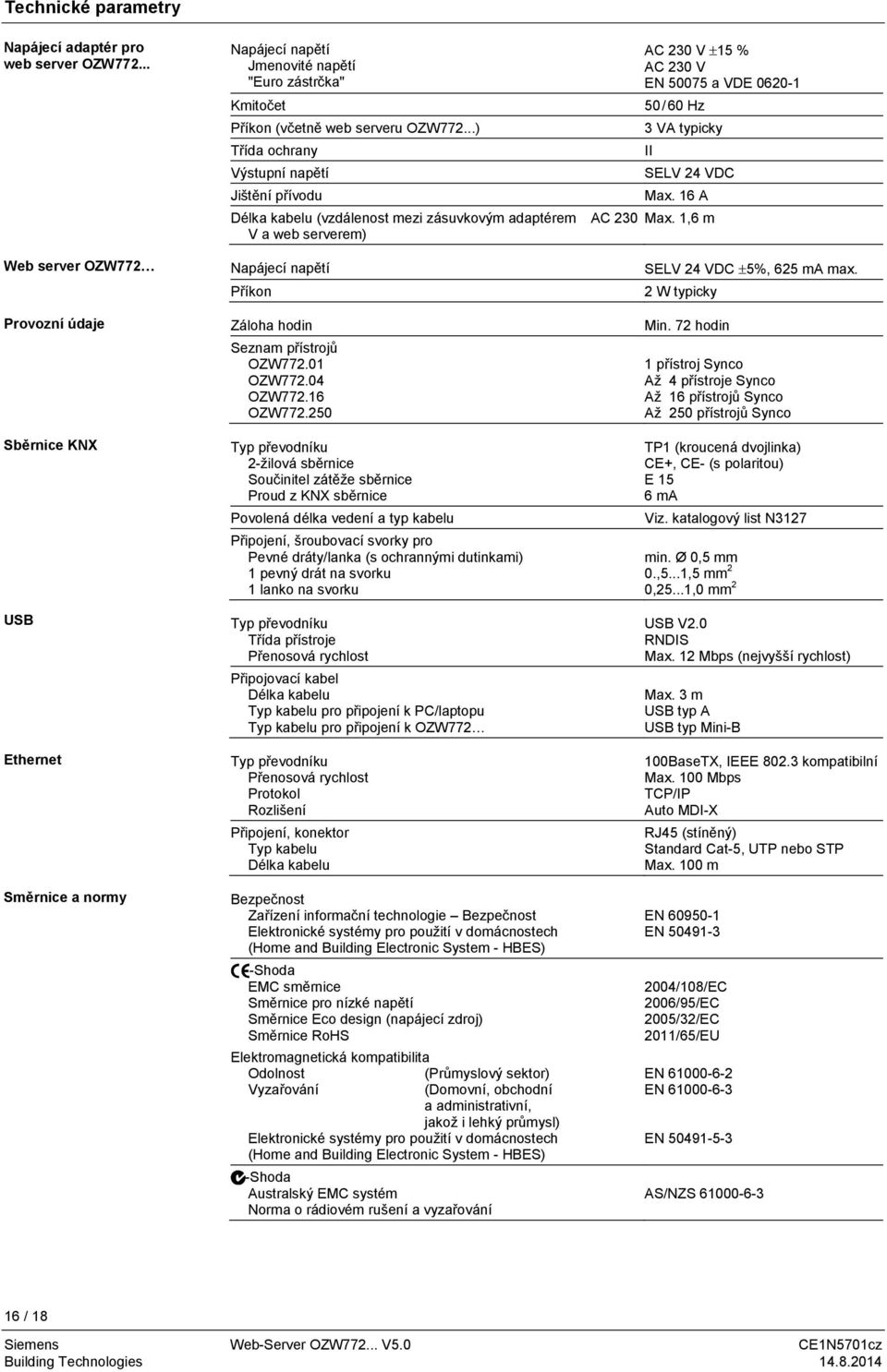 SELV 24 VDC Max. 16 A Max. 1,6 m Web server OZW772 Provozní údaje Sběrnice KNX USB Ethernet Směrnice a normy Napájecí napětí Příkon Záloha hodin Seznam přístrojů OZW772.01 OZW772.04 OZW772.16 OZW772.