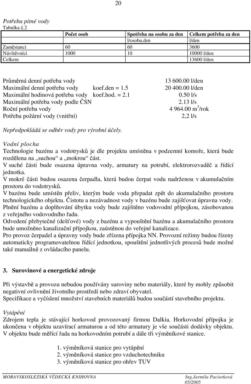 00 l/den Maximální hodinová potřeba vody koef.hod. = 2.1 0.50 l/s Maximální potřeba vody podle ČSN 2.13 l/s Roční potřeba vody 4 964.