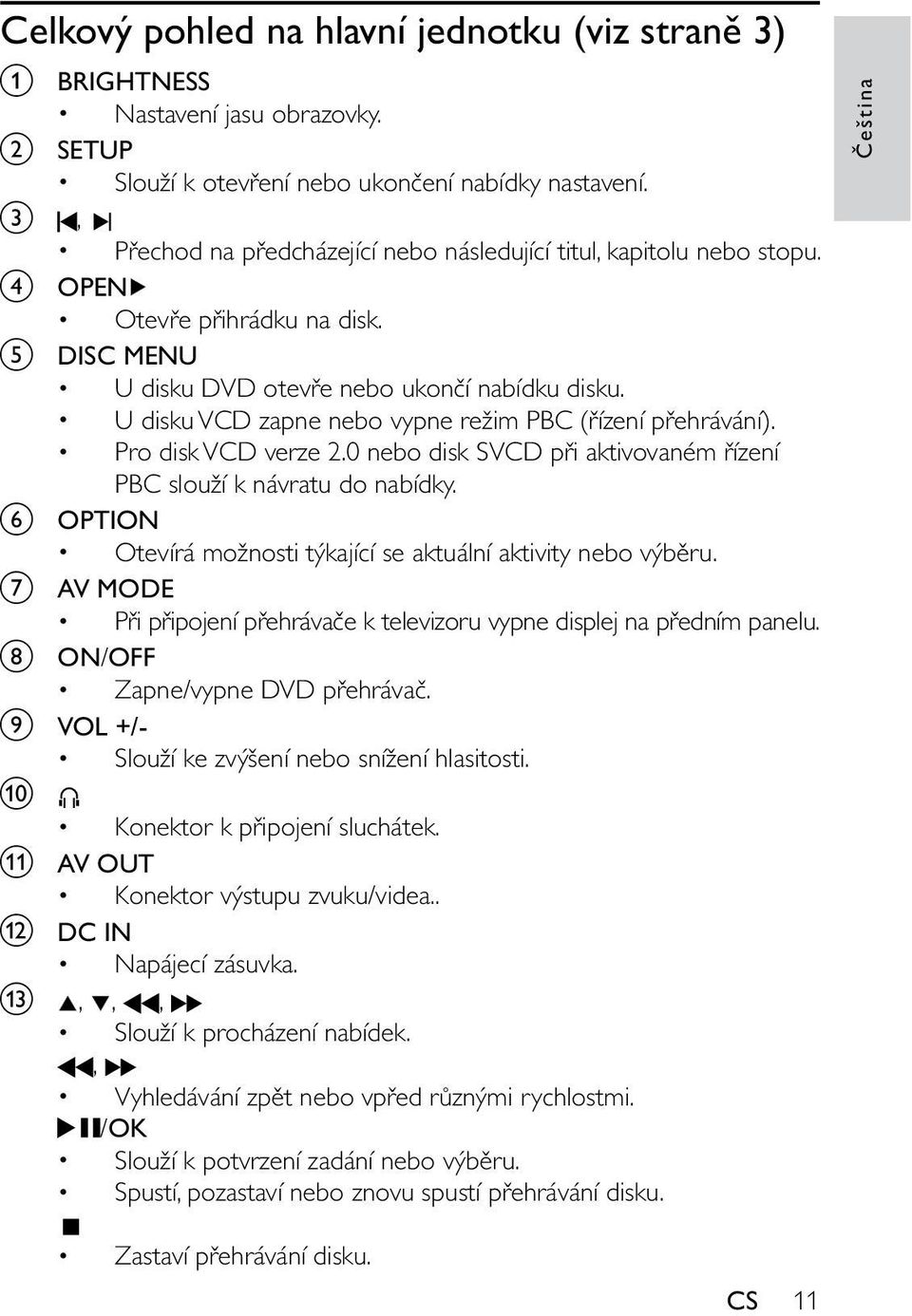 U disku VCD zapne nebo vypne režim PBC (řízení přehrávání). Pro disk VCD verze 2.0 nebo disk SVCD při aktivovaném řízení PBC slouží k návratu do nabídky.