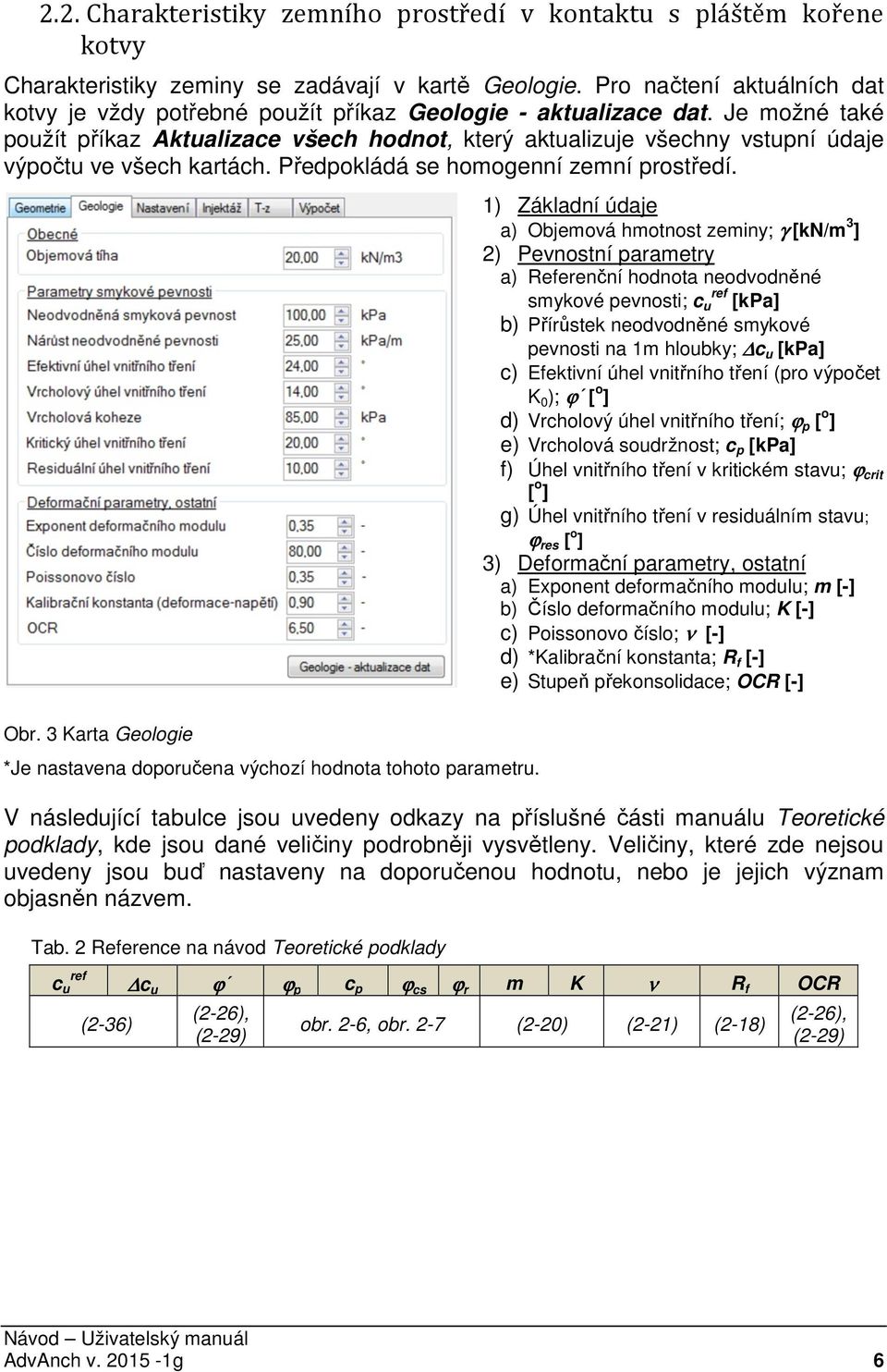 Je možné také použít příkaz Aktualizace všech hodnot, který aktualizuje všechny vstupní údaje výpočtu ve všech kartách. Předpokládá se homogenní zemní prostředí.