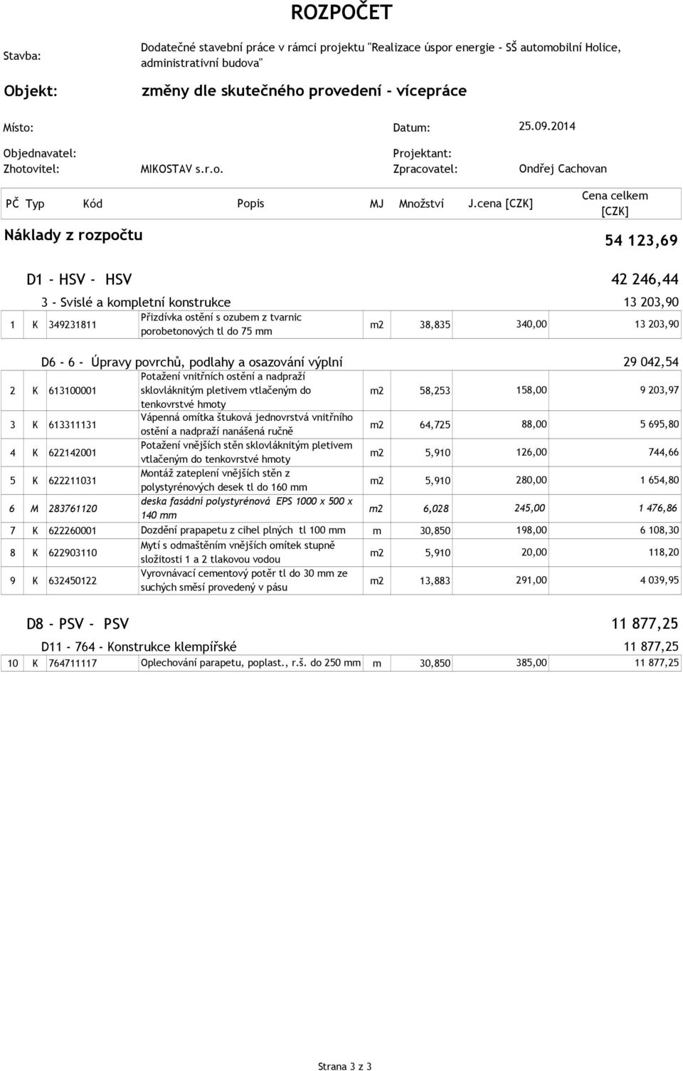 D6-6 - Úpravy povrchů, podlahy a osazování výplní 29 042,54 Potažení vnitřních ostění a nadpraží 2 K 613100001 sklovláknitým pletivem vtlačeným do m2 58,253 158,00 9 203,97 tenkovrstvé hmoty 3 K