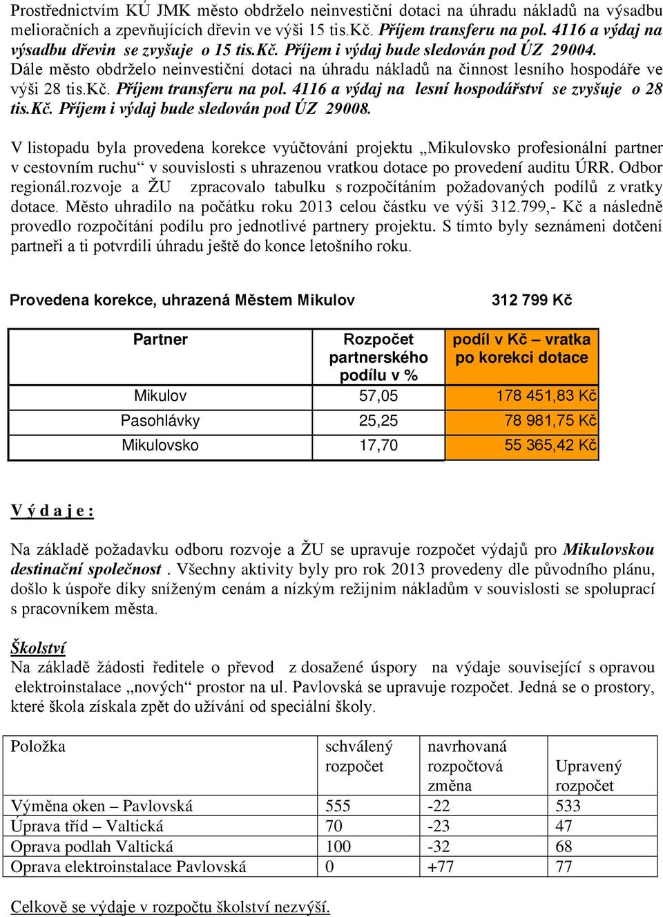 kč. Příjem transferu na pol. 4116 a výdaj na lesní hospodářství se zvyšuje o 28 tis.kč. Příjem i výdaj bude sledován pod ÚZ 29008.