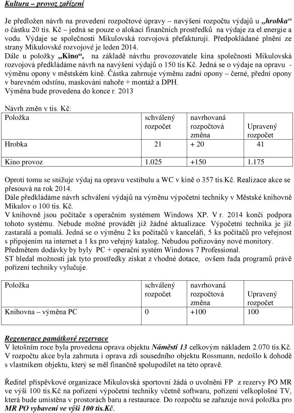 Dále u položky Kino, na základě návrhu provozovatele kina společnosti Mikulovská rozvojová předkládáme návrh na navýšení výdajů o 150 tis Kč.