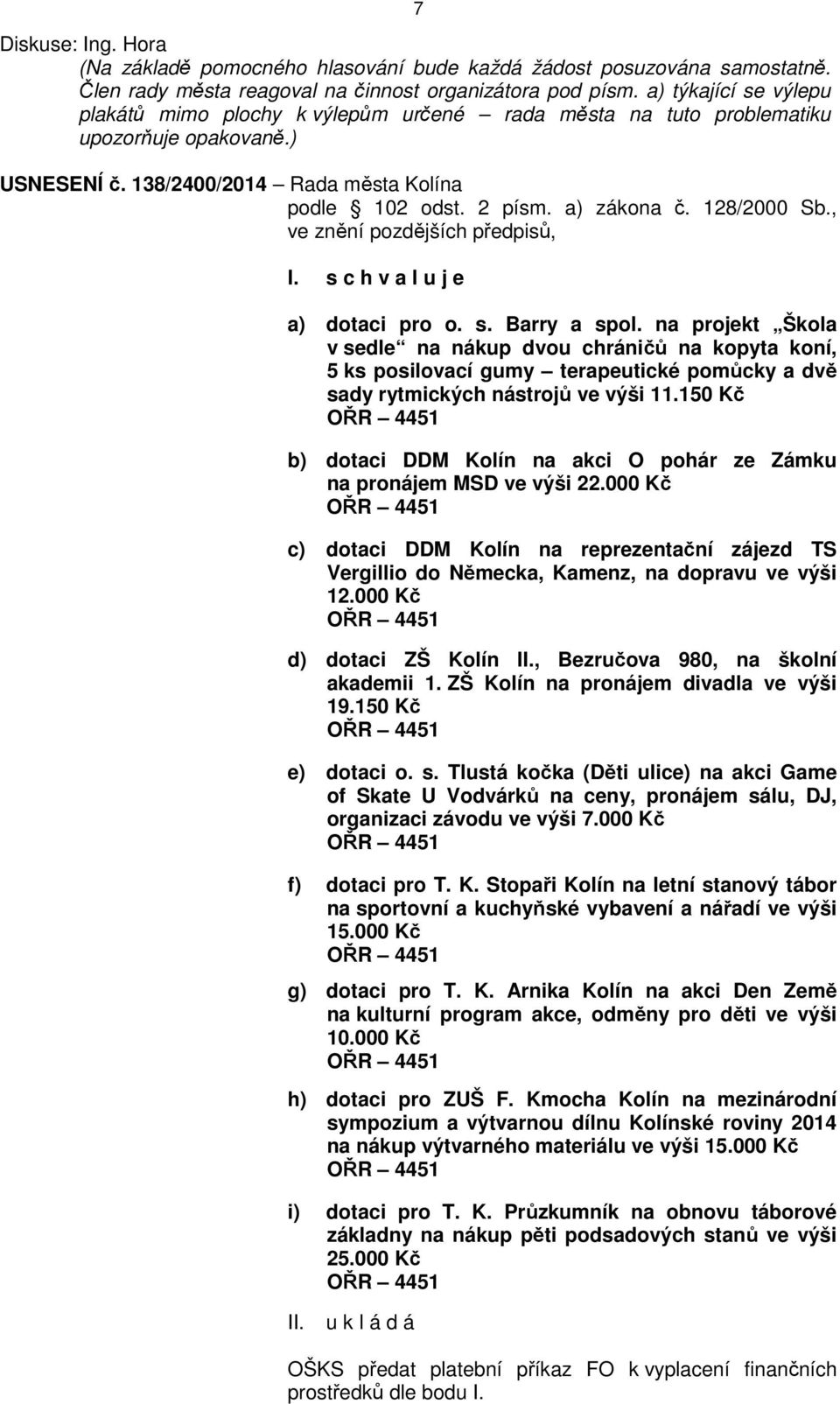 128/2000 Sb., ve znění pozdějších předpisů, a) dotaci pro o. s. Barry a spol.