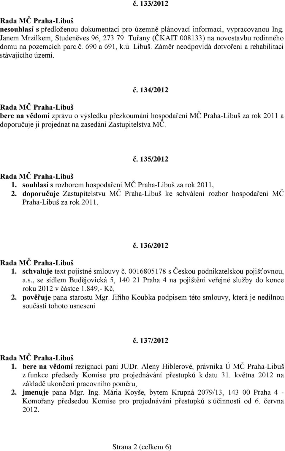 134/2012 bere na vědomí zprávu o výsledku přezkoumání hospodaření MČ Praha-Libuš za rok 2011 a doporučuje ji projednat na zasedání Zastupitelstva MČ. č. 135/2012 1.