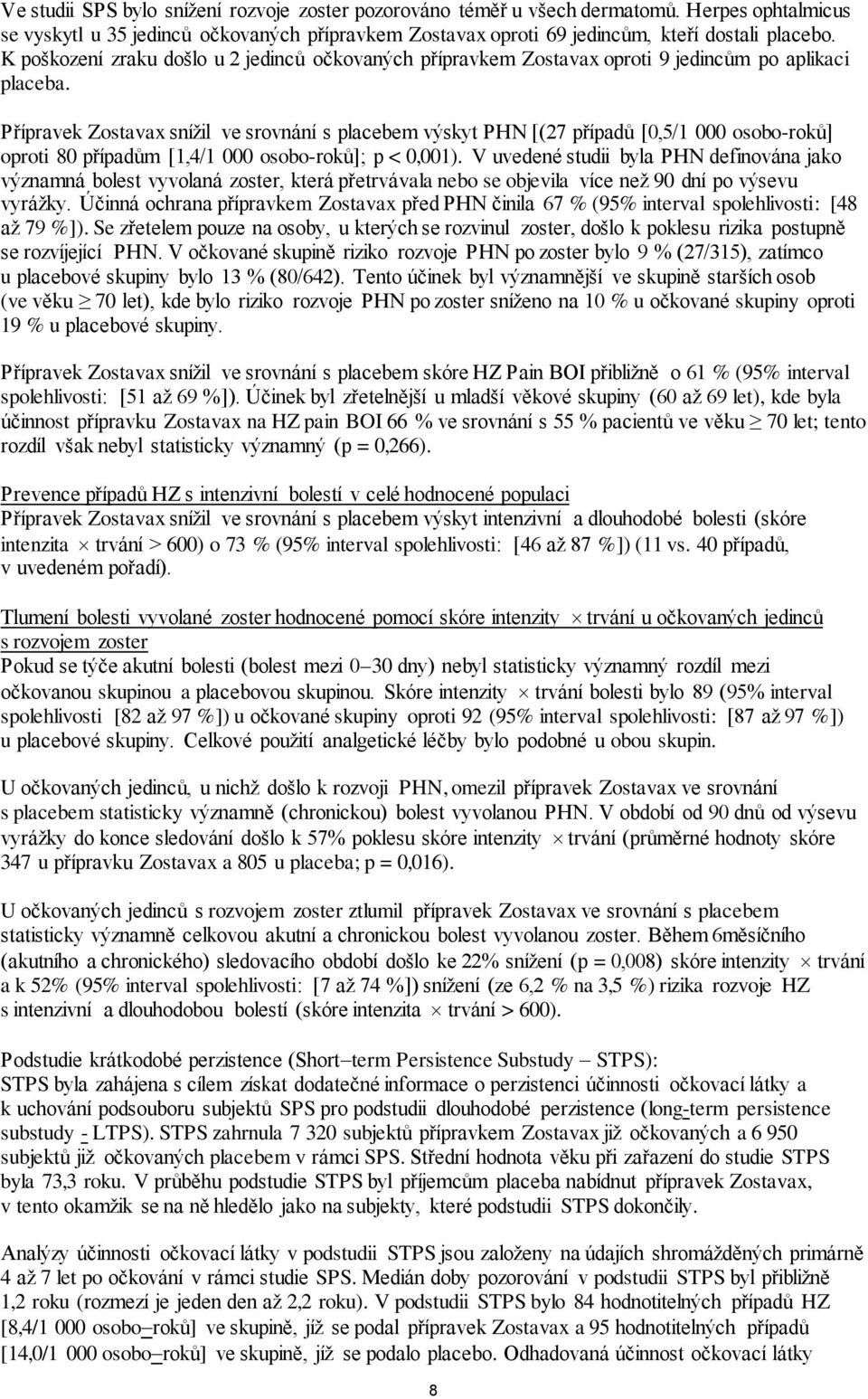 Přípravek Zostavax snížil ve srovnání s placebem výskyt PHN [(27 případů [0,5/1 000 osobo-roků] oproti 80 případům [1,4/1 000 osobo-roků]; p < 0,001).