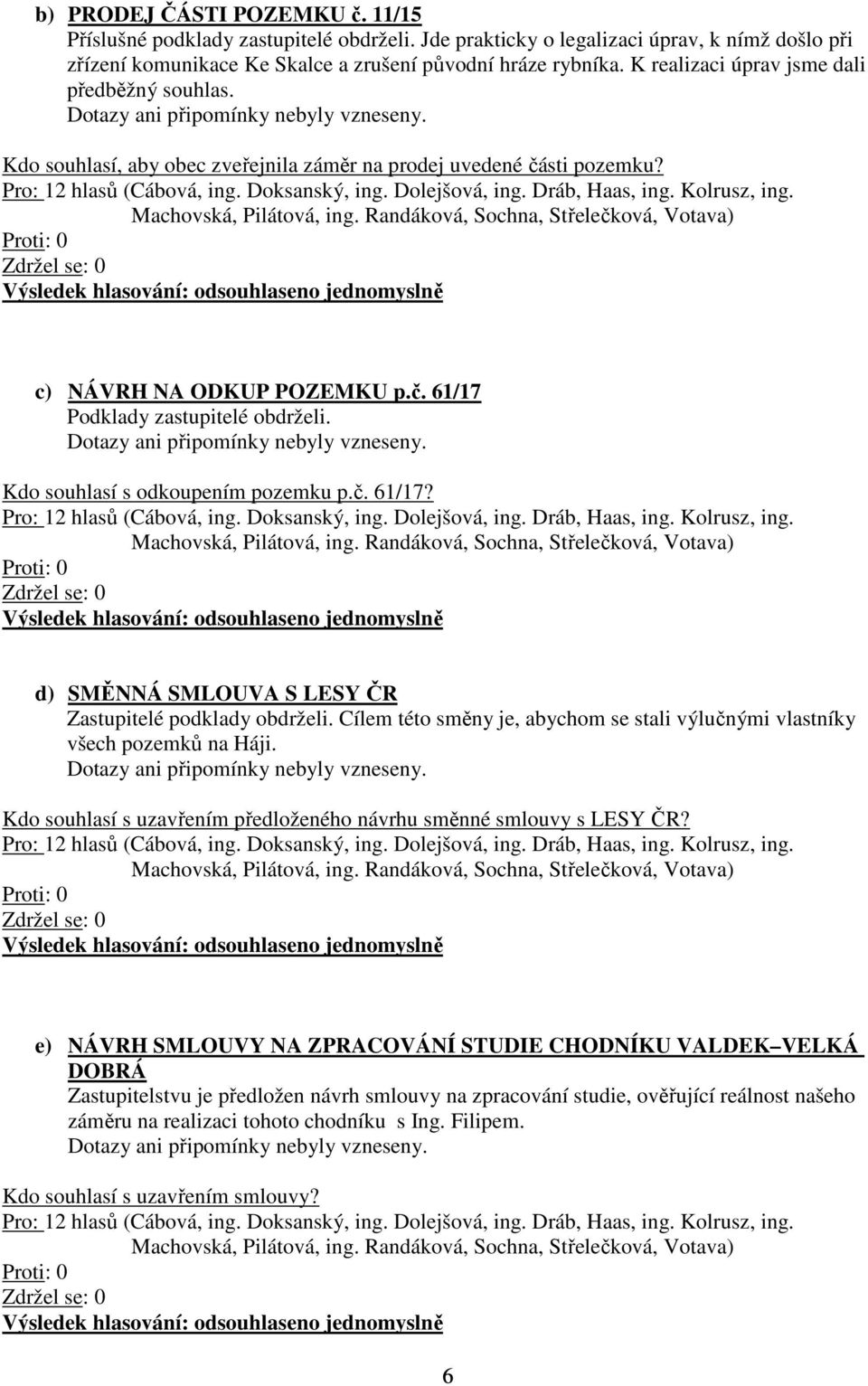 Kdo souhlasí s odkoupením pozemku p.č. 61/17? d) SMĚNNÁ SMLOUVA S LESY ČR Zastupitelé podklady obdrželi. Cílem této směny je, abychom se stali výlučnými vlastníky všech pozemků na Háji.