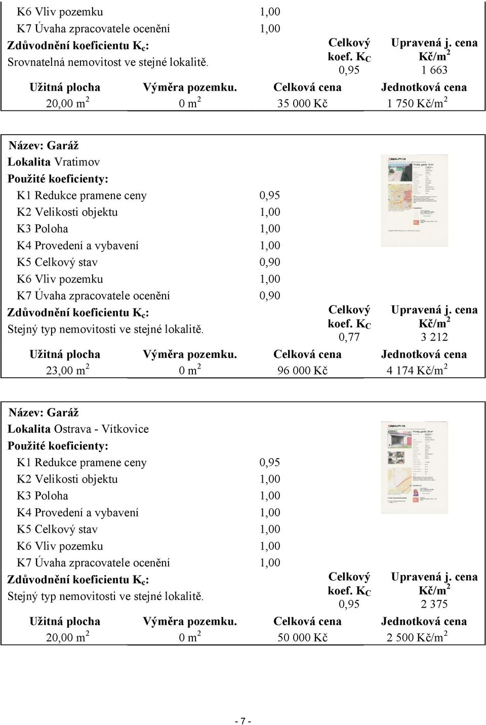 Celková cena Jednotková cena 20,00 m 2 0 m 2 35 000 Kč 1 750 Kč/m 2 Název: Garáž Lokalita Vratimov Použité koeficienty: K1 Redukce pramene ceny 0,95 K2 Velikosti objektu 1,00 K3 Poloha 1,00 K4