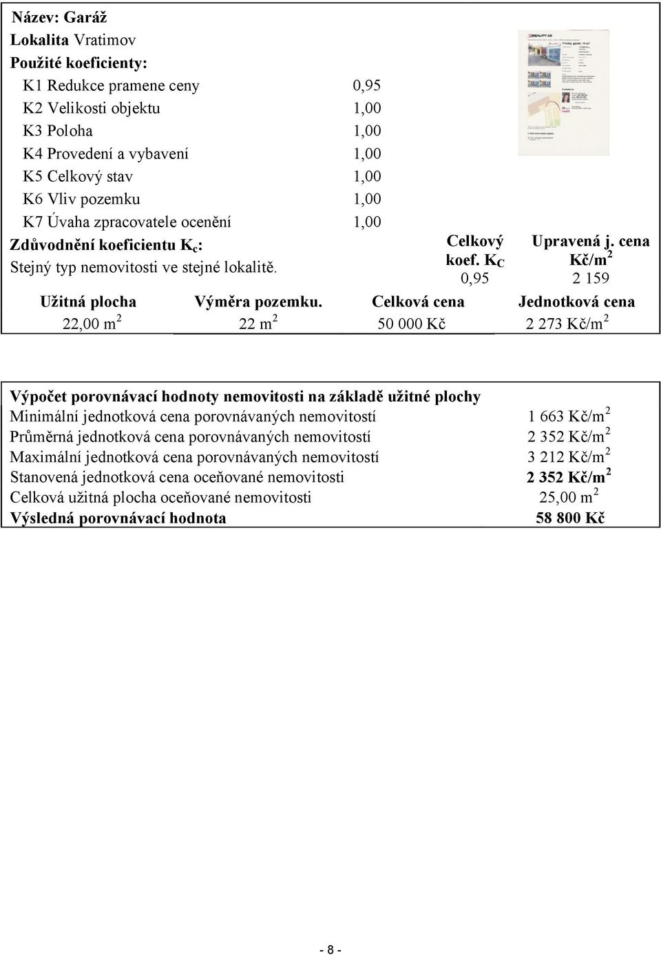 Celková cena Jednotková cena 22,00 m 2 22 m 2 50 000 Kč 2 273 Kč/m 2 Výpočet porovnávací hodnoty nemovitosti na základě užitné plochy Minimální jednotková cena porovnávaných nemovitostí 1 663 Kč/m 2