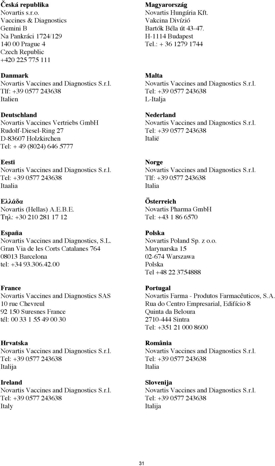 Vaccines & Diagnostics Gemini B Na Pankráci 1724/129 140 00 Prague 4 Czech Republic +420 225 775 111 Danmark Tlf: +39 0577 243638 Italien Deutschland Novartis Vaccines Vertriebs GmbH