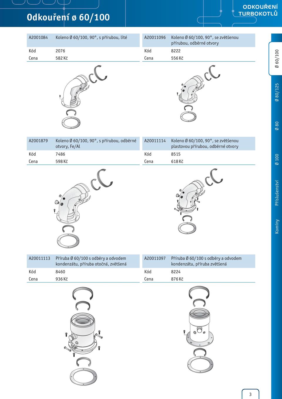 zvětšenou plastovou přírubou, odběrné otvory Kód 8515 618 Kč Komíny Příslušenství Ø 100 Ø 80 Ø 80/125 Ø 60/100 A20011113 Příruba Ø 60/100 s odběry a