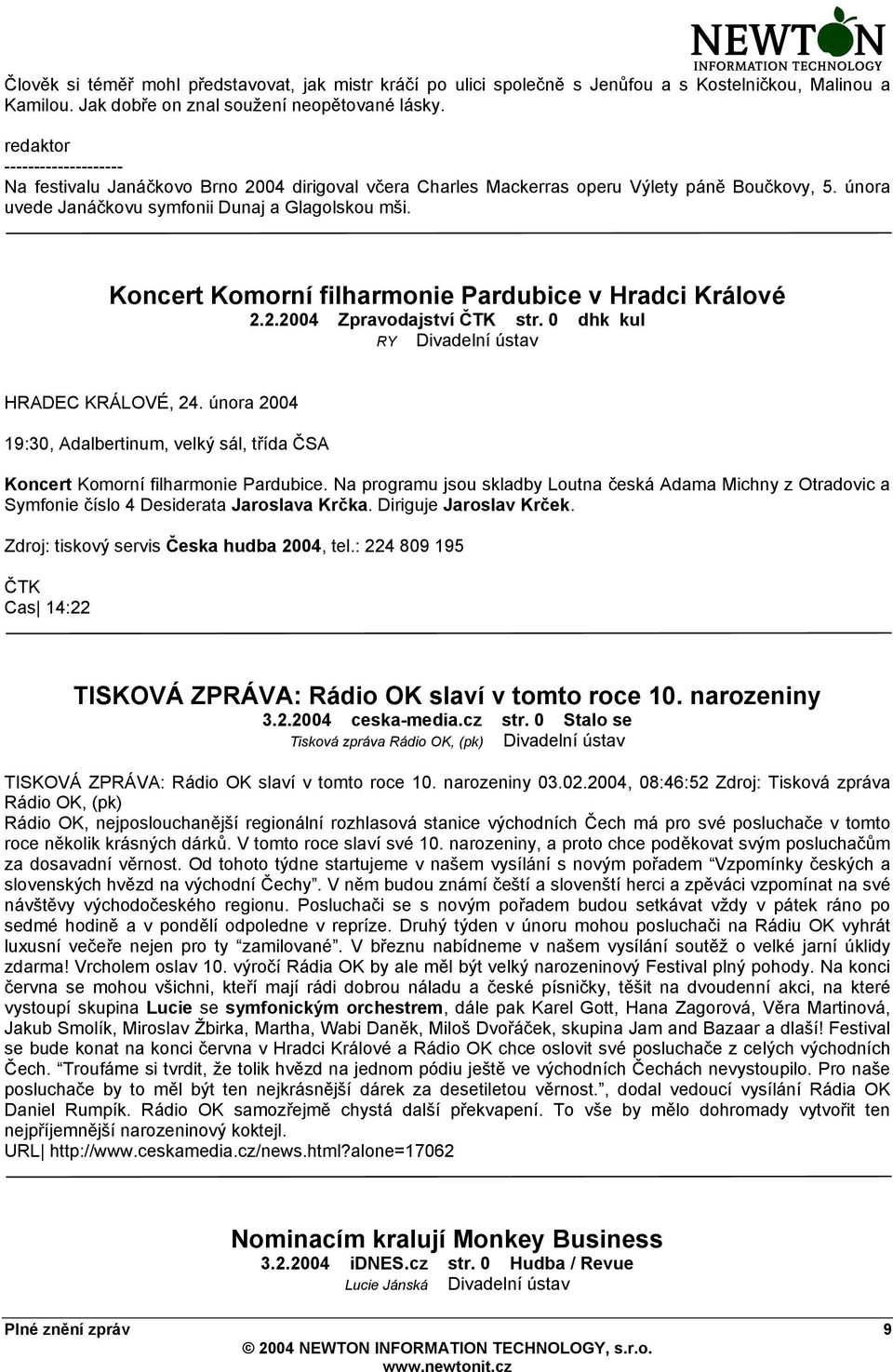 Koncert Komorní filharmonie Pardubice v Hradci Králové 2.2.2004 Zpravodajství ČTK str. 0 dhk kul RY Divadelní ústav HRADEC KRÁLOVÉ, 24.