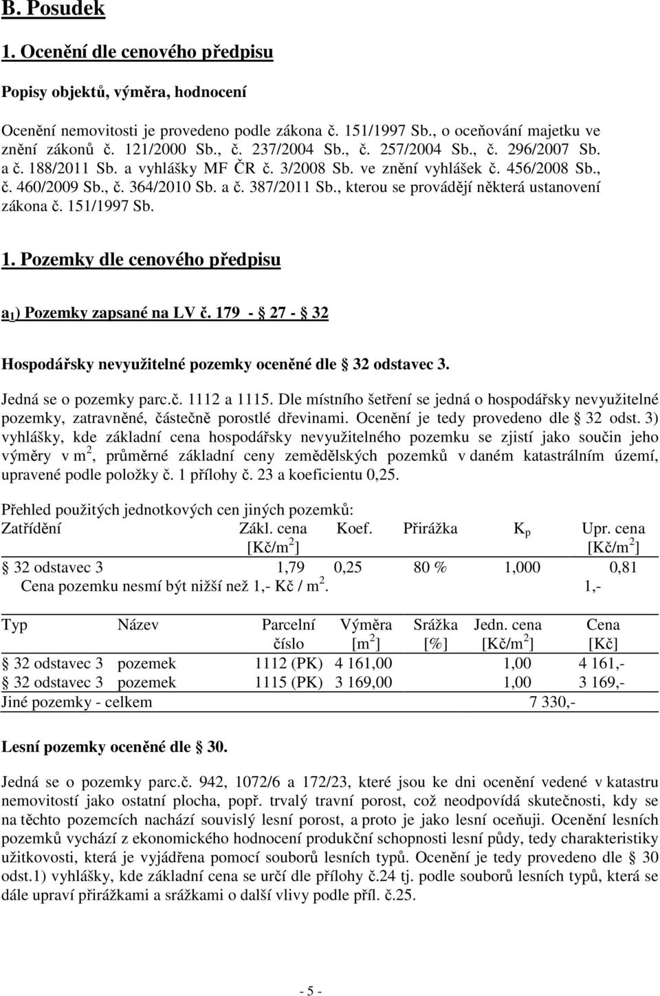 , kterou se provádějí některá ustanovení zákona č. 151/1997 Sb. 1. Pozemky dle cenového předpisu a 1 ) Pozemky zapsané na LV č. 179-27 - 32 Hospodářsky nevyužitelné pozemky oceněné dle 32 odstavec 3.