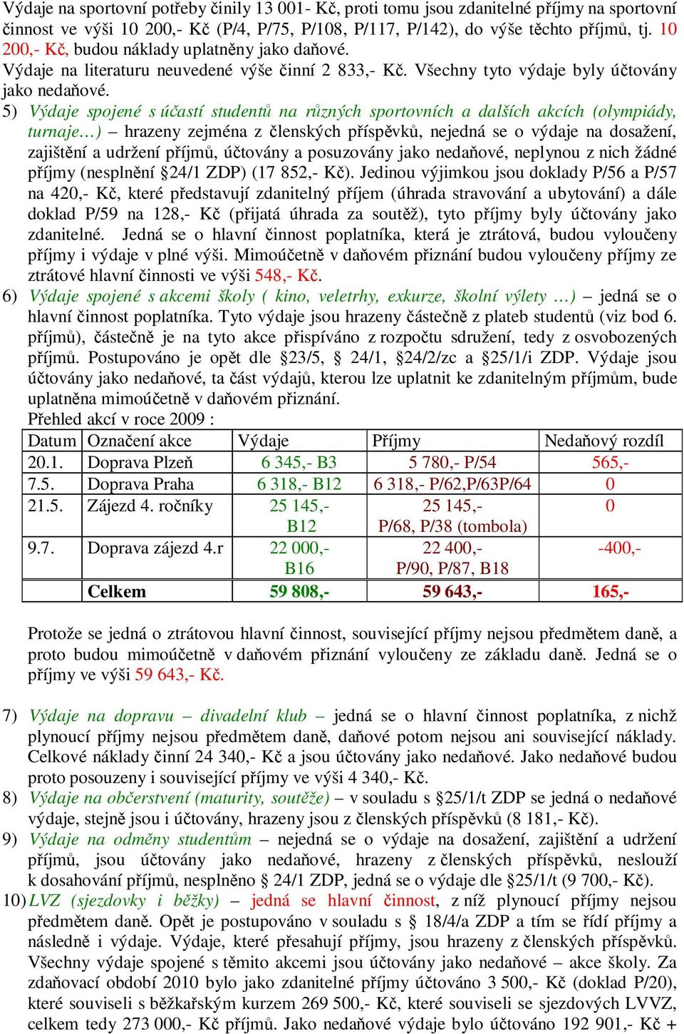 5) Výdaje spojené s úastí student na rzných sportovních a dalších akcích (olympiády, turnaje ) hrazeny zejména z lenských píspvk, nejedná se o výdaje na dosažení, zajištní a udržení píjm, útovány a