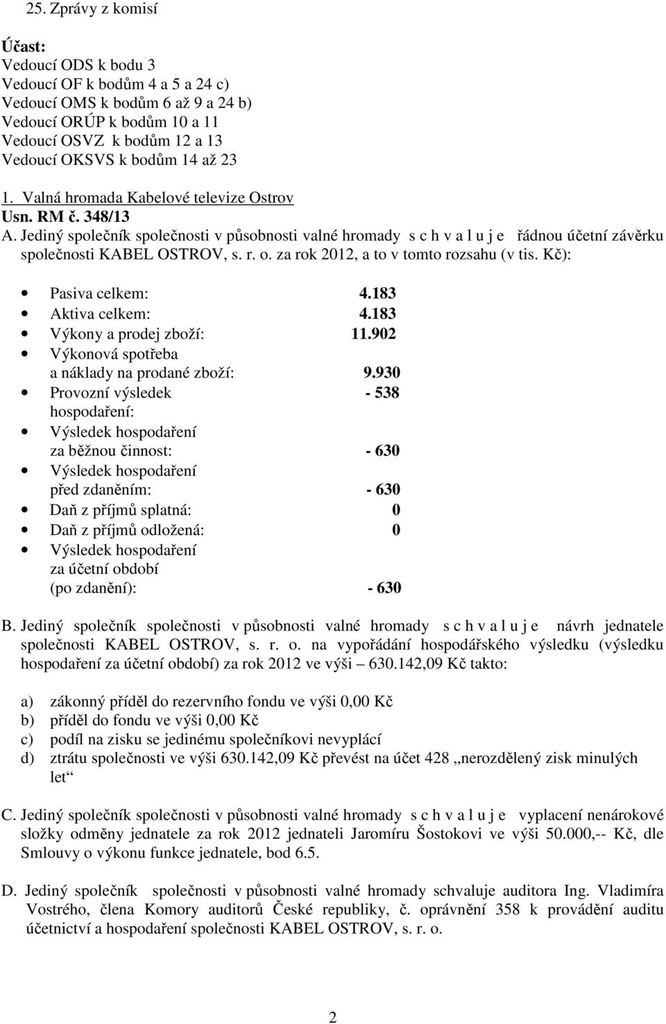 za rok 2012, a to v tomto rozsahu (v tis. Kč): Pasiva celkem: 4.183 Aktiva celkem: 4.183 Výkony a prodej zboží: 11.902 Výkonová spotřeba a náklady na prodané zboží: 9.