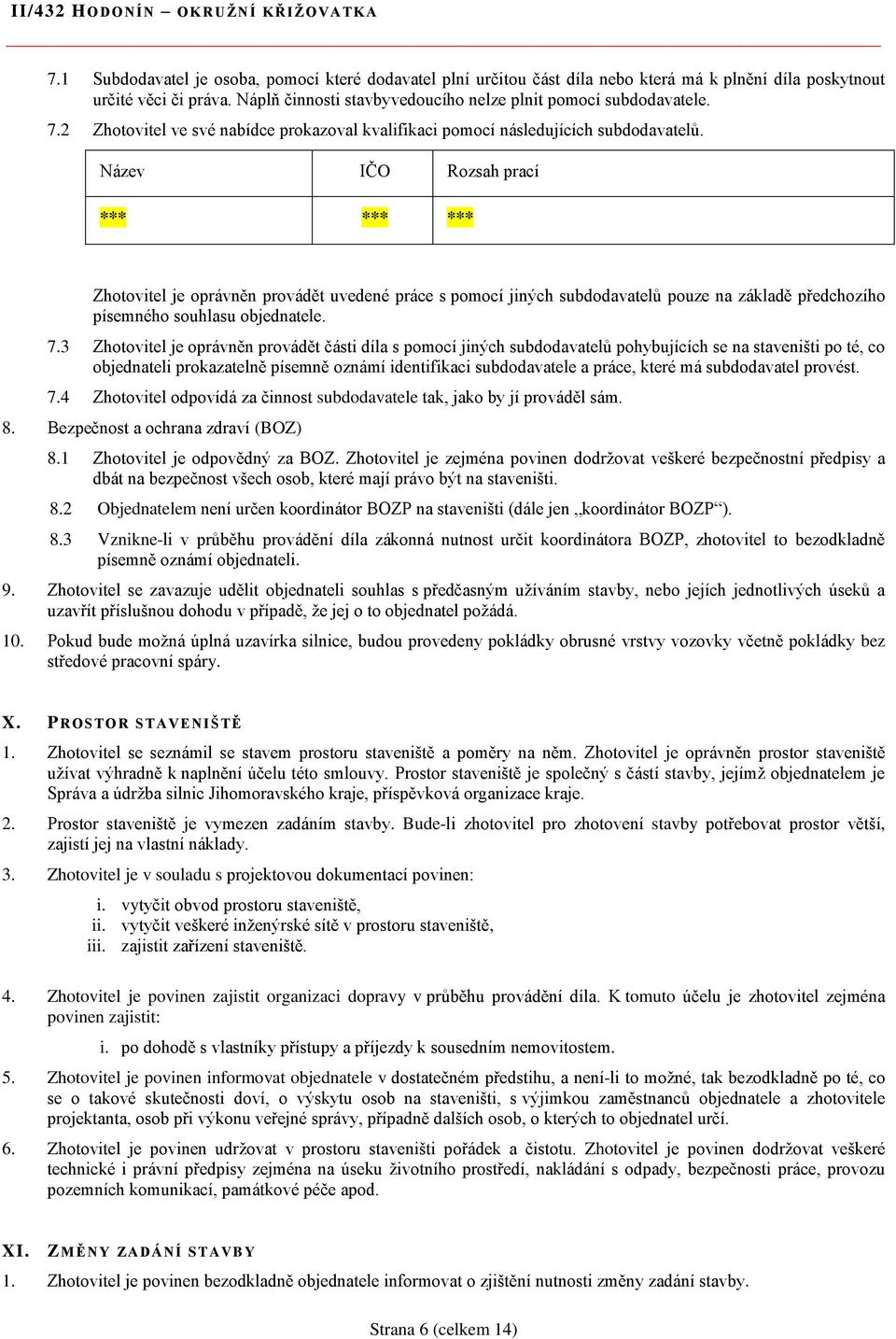 Název IČO Rozsah prací *** *** *** Zhotovitel je oprávněn provádět uvedené práce s pomocí jiných subdodavatelů pouze na základě předchozího písemného souhlasu objednatele. 7.