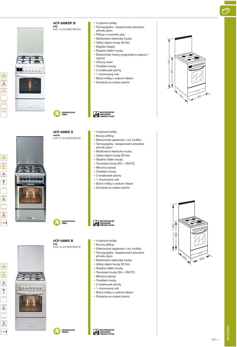 knoflíku ~ Termopojistka - bezpečnostní přerušení ~ Užitný objem trouby 52 litrů ~ Termostat trouby (50 250ºC) ~ Minutový spínač 1.