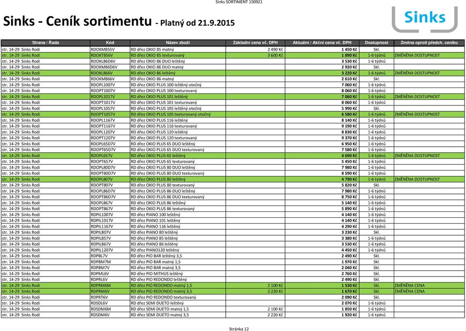 14-29 Sinks Rodi RDOKM866V RD dřez OKIO 86 matný 2610 Kč Skl. str. 14-29 Sinks Rodi RDOPL1007V RD dřez OKIO PLUS 100 leštěný otočný 7060 Kč 1-6 týdnů str.