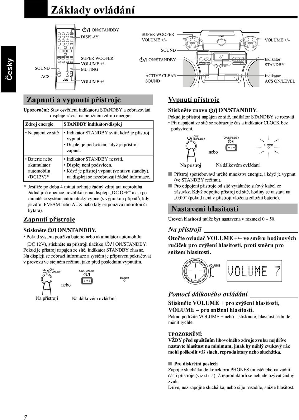 Zdroj energie Napájení ze sítě Baterie nebo akumulátor automobilu (DC12V)* STANDBY indikátor/displej Indikátor STANDBY svítí, když je přístroj vypnut. Displej je podsvícen, když je přístroj zapnut.